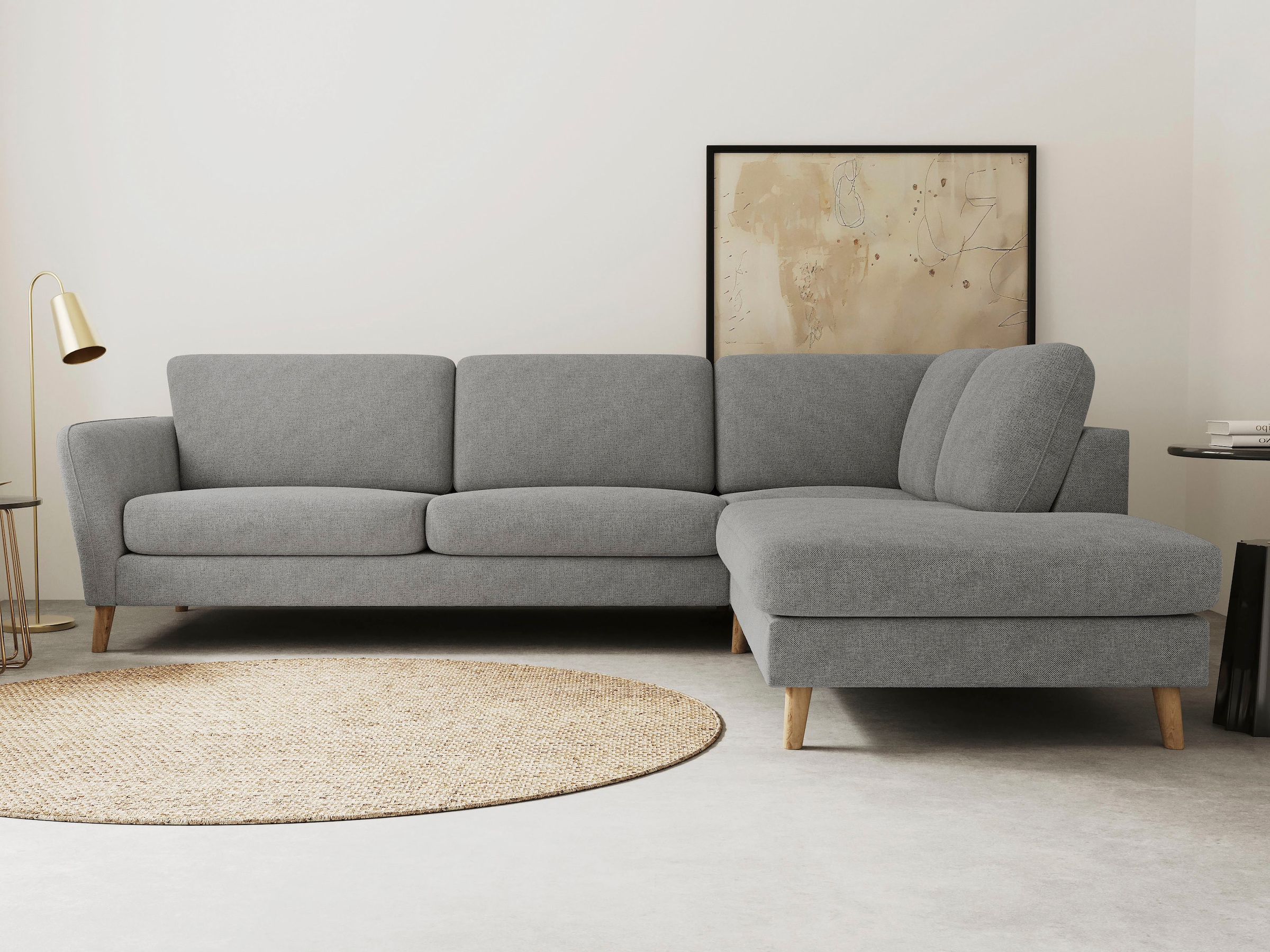 OTTO home Ecksofa "MARSEILLE 278/202 cm, L-Form, Ottom. rechts/links, verschiedene Bezüge" Massivholzbeine Eiche, Landhausstil, Wellenunterfederung