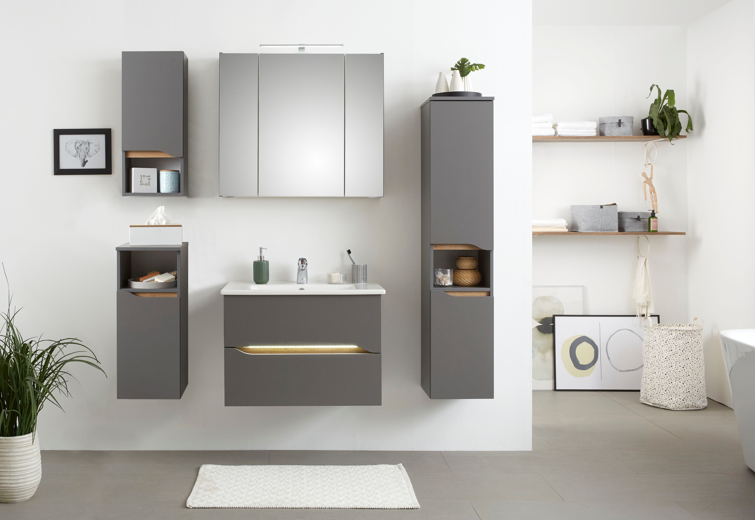 Saphir Badmöbel-Set »Quickset 5-teilig, Keramik-Waschtisch und LED-Spiegelschrank«, (7 St.), Midischrank, Unterschrank, Hängeschrank, inkl. Türdämpfer, 7 Türen