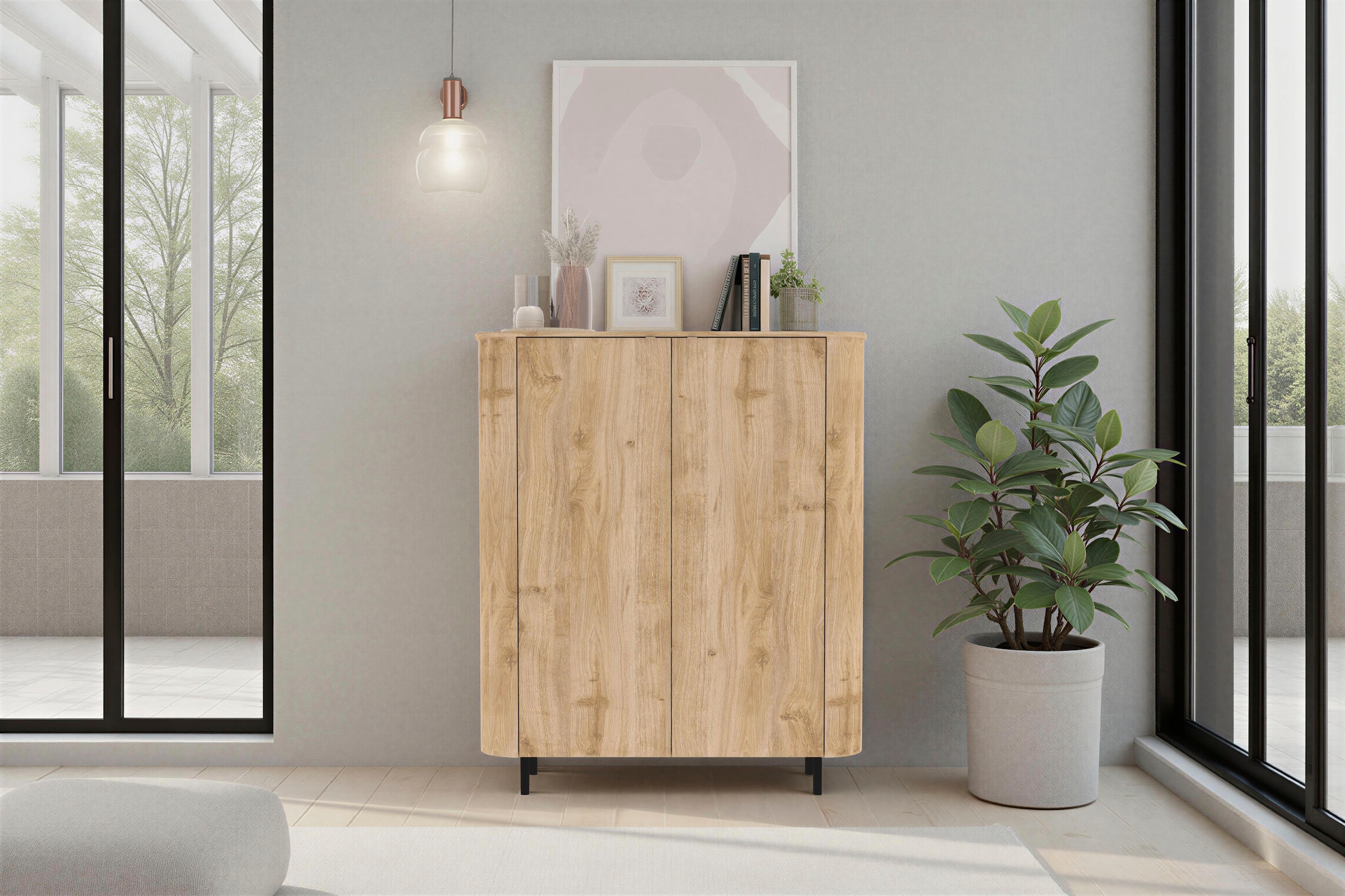 INOSIGN Highboard »Murano, B/H 131/154 cm, 2 Türen, Stauraumschrank, Hochkommode« Formgebogenes MDF, Stirnseiten mit Rundung, Füße und Griffe aus Metall