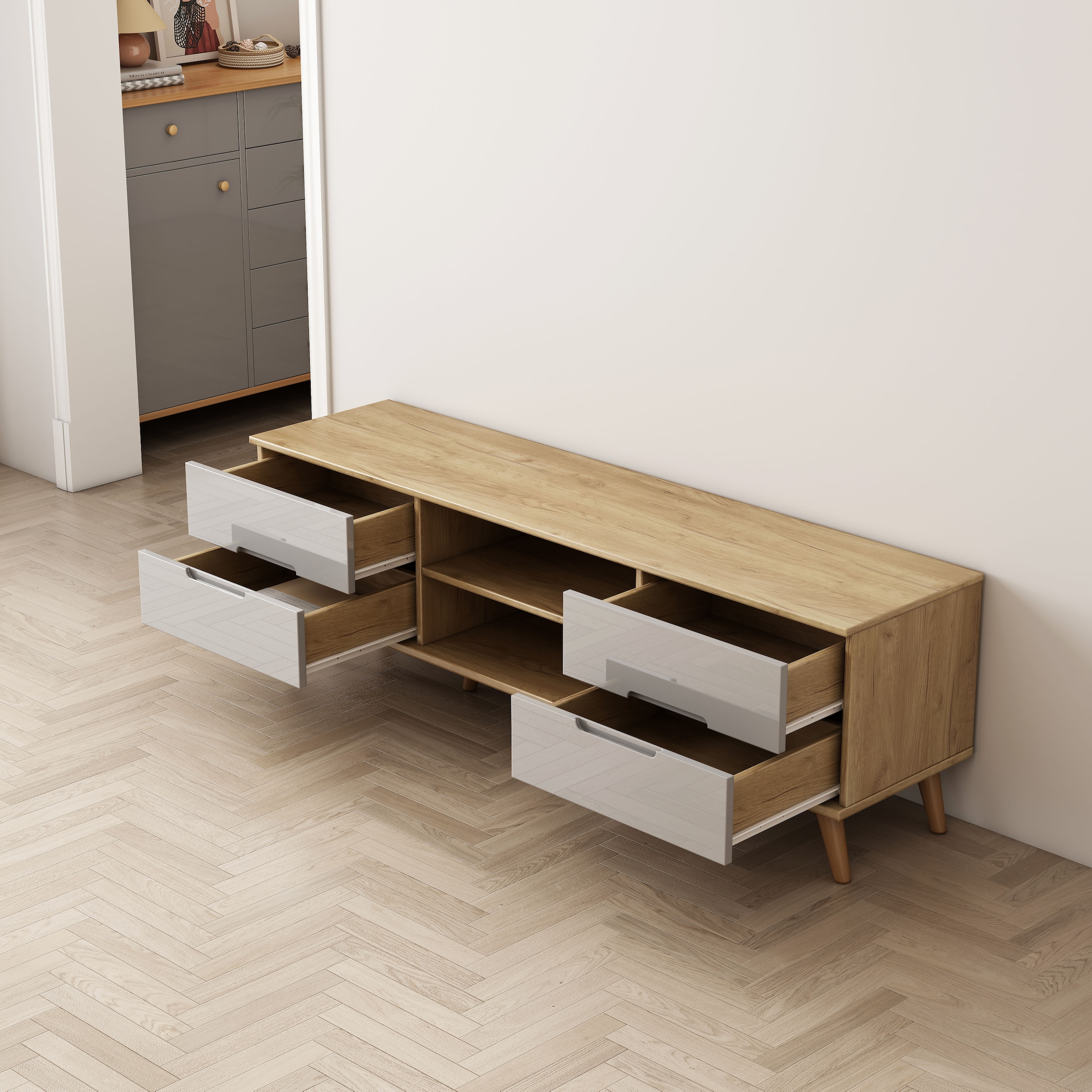 OTTO home TV-Board »Lund« glänzende Fronten, Kabeldurchführung, helles Holzdekor, Breite 160 cm