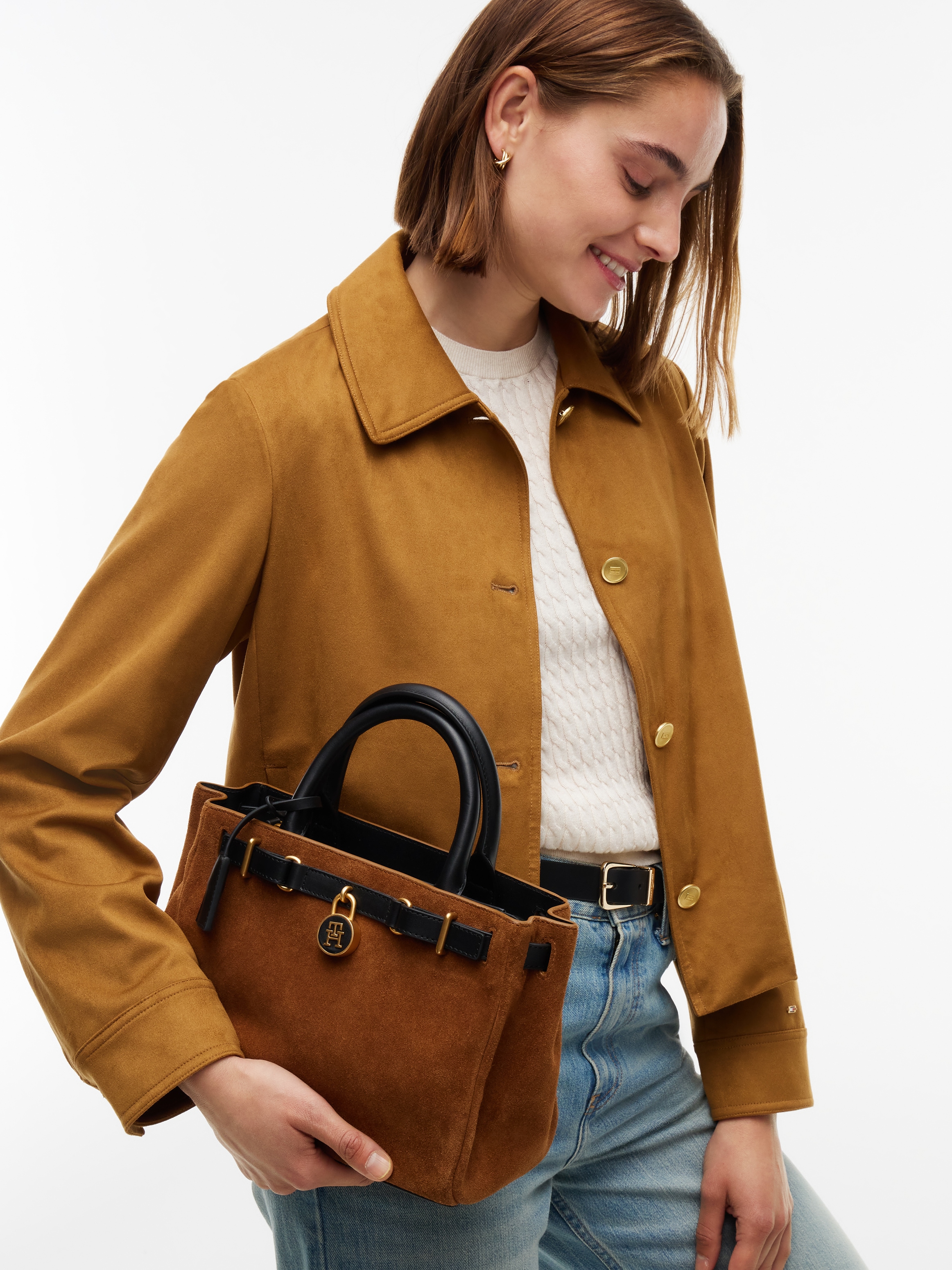 Tommy Hilfiger Handtasche »AMERICAN ICON MINI TOTE SUEDE LE« Damen Schultertasche, Umhängetasche mit TH-Schloss-Schmuckanhgänger