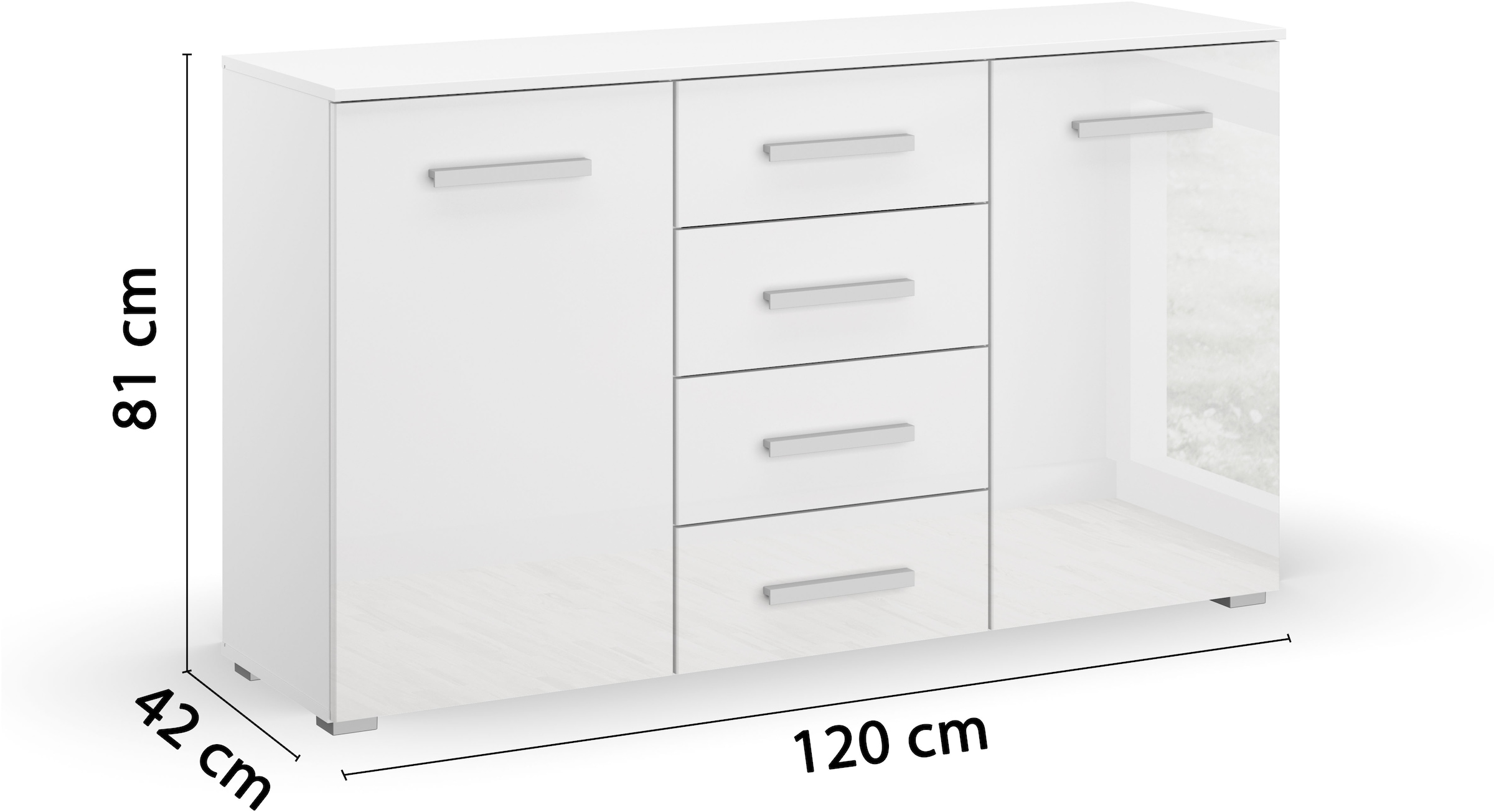 rauch Schubkastenkommode »Sideboard Kommode Kombikommode KOLUNA mit Hochglanzfront«, (Breite 120 cm inkl. Soft-Close-Funktion), vier große Schubladen, mit insgesamt 4 Einlegeböden MADE IN GERMANY