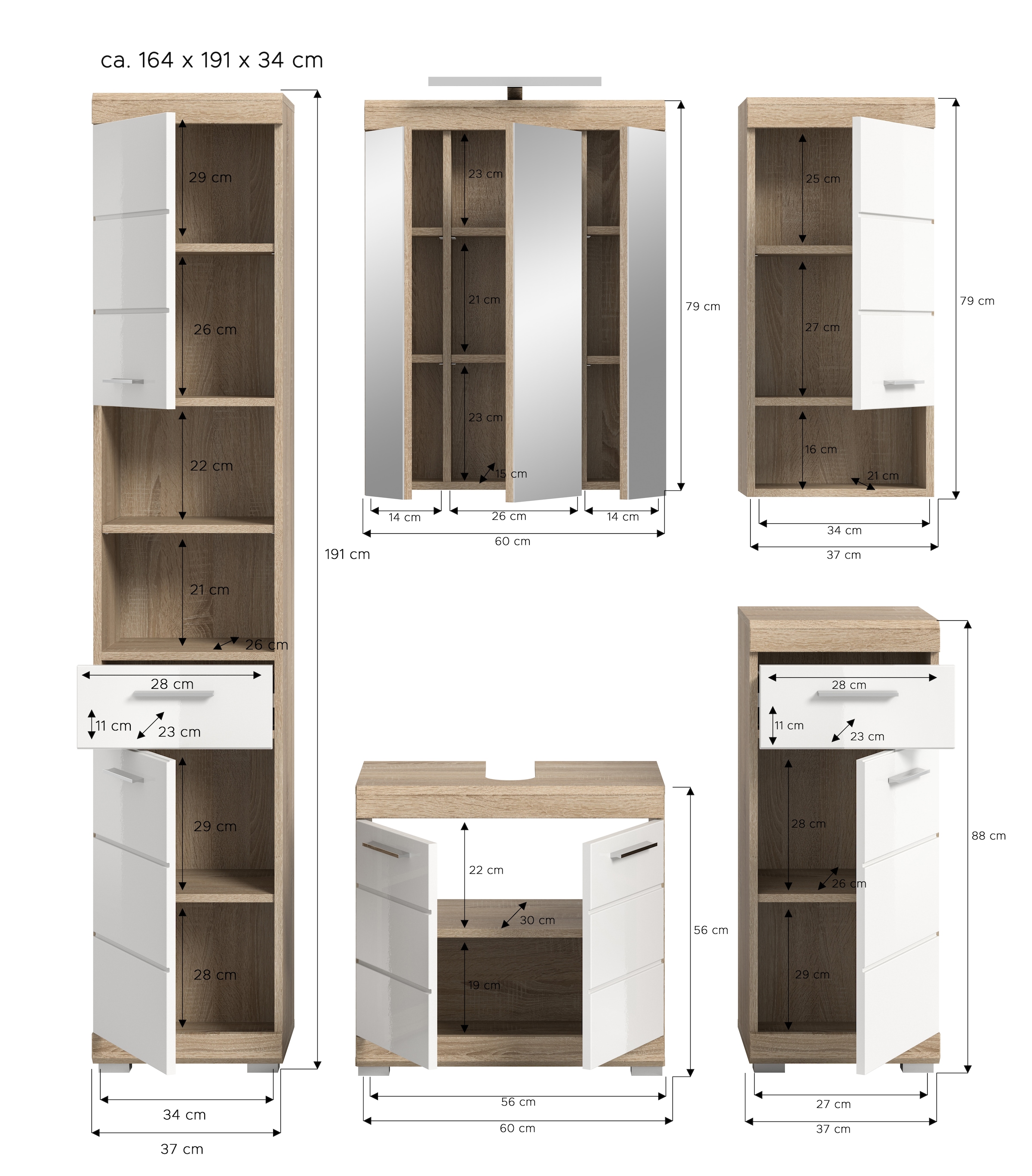 INOSIGN Badmöbel-Set »Siena, 5 teilig, inklusive LED Beleuchtung, bestehend aus:«, (Set), Hochschrank, WBU, Spiegelschrank, Unterschrank, Hängeschrank