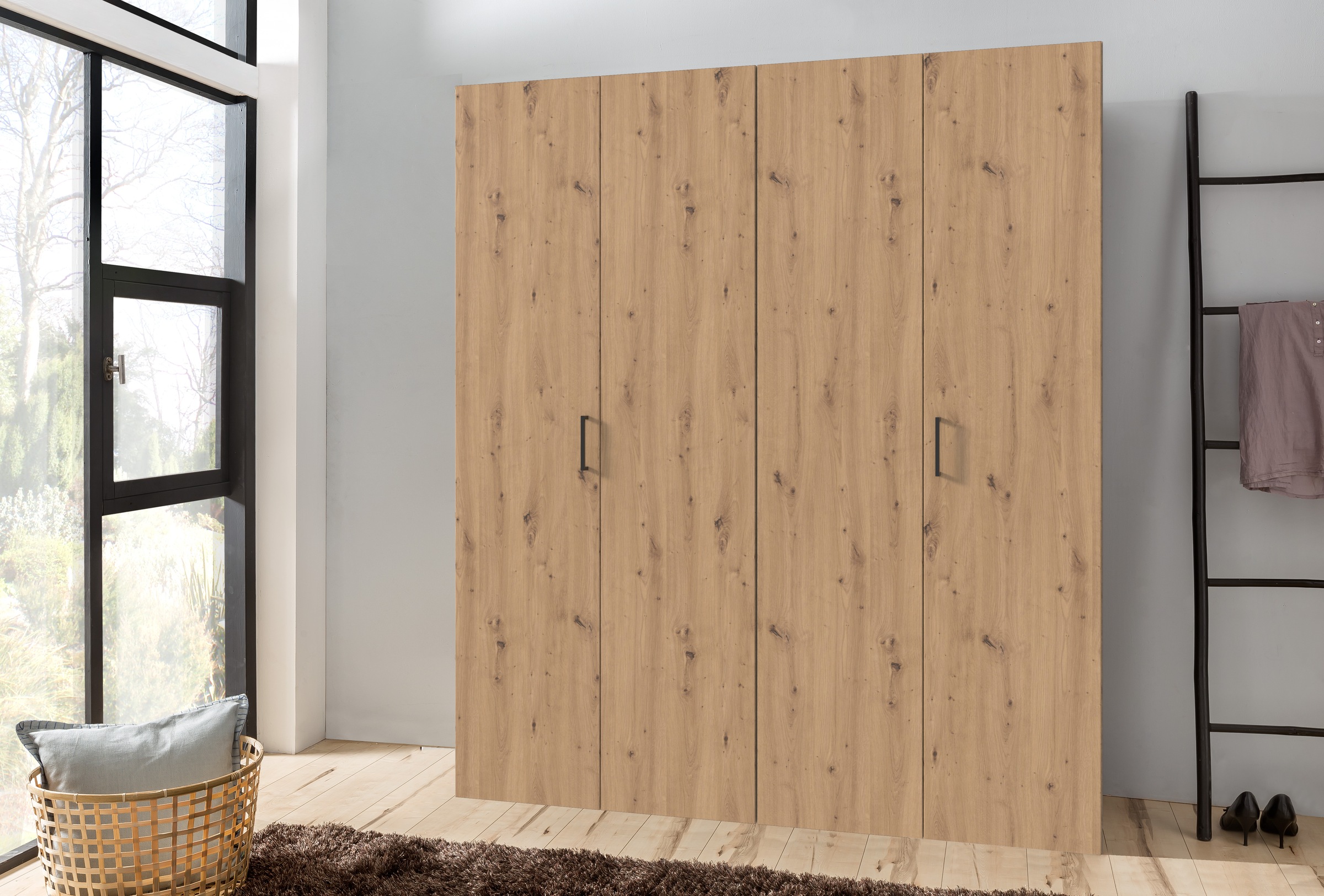Wimex Kleiderschrank »Mugano, in 5 Breiten und 2 Höhen, Made in Germany«, (in Basic oder Premium Ausstattung mit 2 weiteren Einlegeböden), mit langen Griffstangen aus Metall, wahlweise mit oder ohne Spiegel
