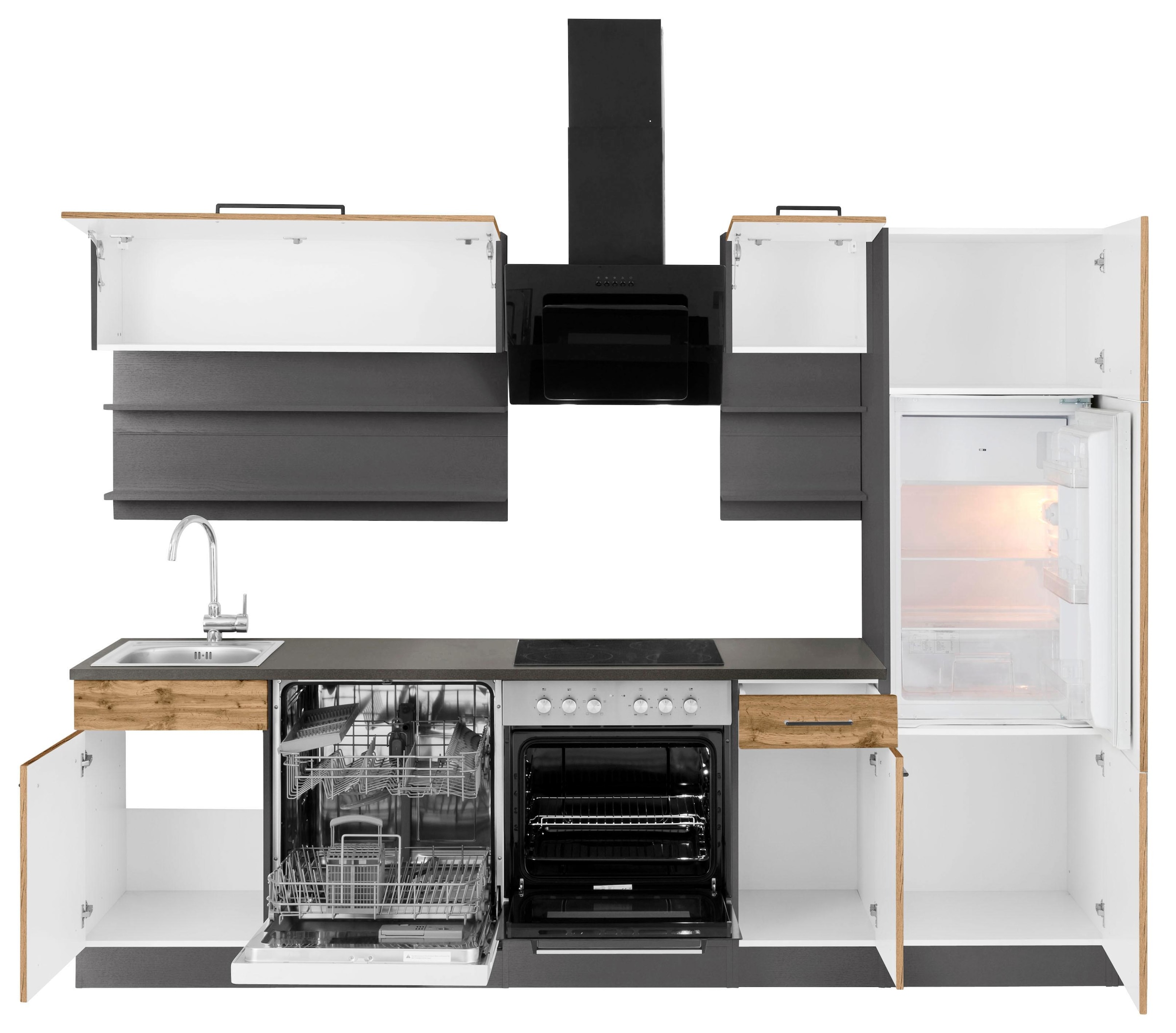 KOCHSTATION Küchenzeile »KS-Tulsa«, mit E-Geräten, Breite 270 cm, schwarze Metallgriffe, MDF Fronten