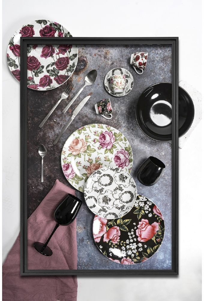 Villa d'Este Tafelservice »Geschirr-Set, Service Rose Baroque«, (Set, 18 tlg.), Speiseteller, Suppenteller, Dessertteller, 18 Teile, für 6 Personen