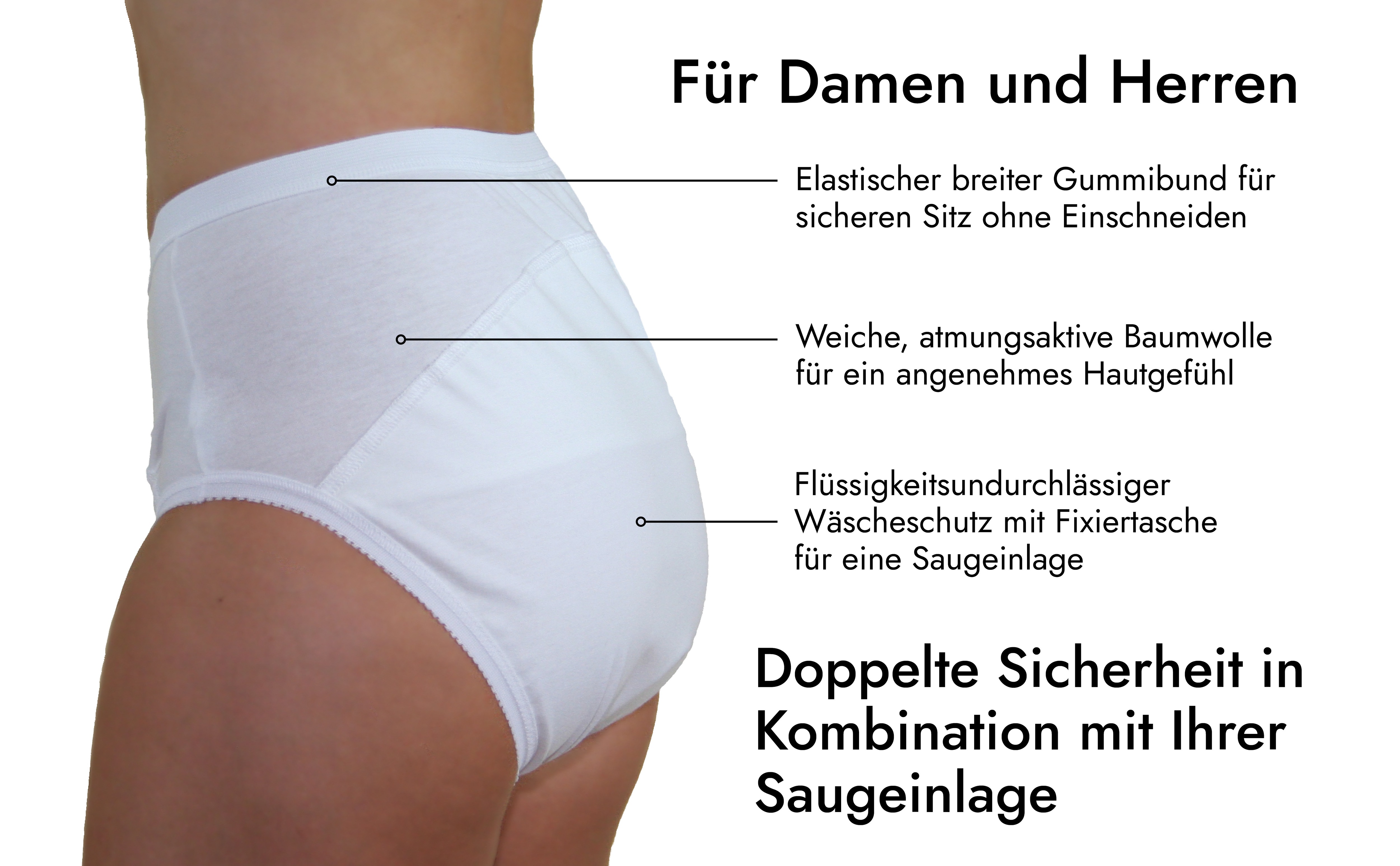 Thumbnail - Hydas Inkontinenzslip "aus Baumwolle für Damen und Herren, mit langem Zwickel und Nässeschutz" Fixier Tasche für Saugein...