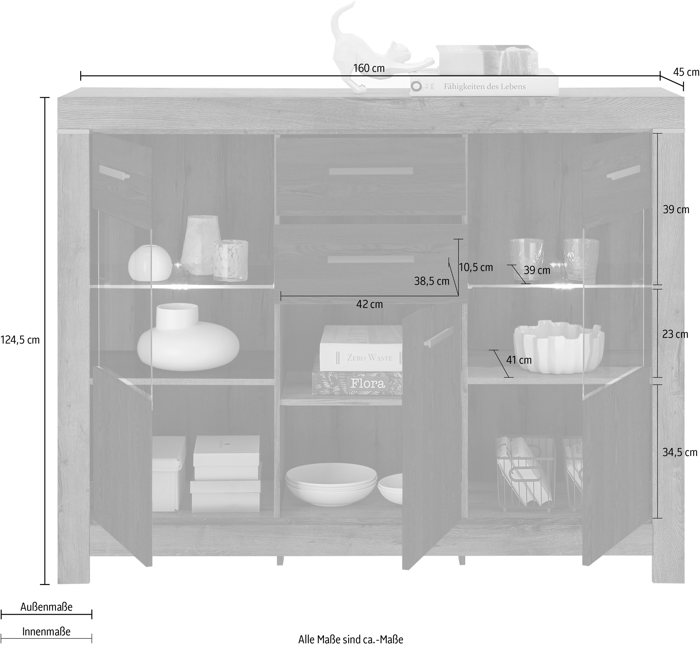 HBZ Highboard »Balin mit LED-Beleuchtung, BxHxT 160x125x45 cm«, (1 St.), Mit 2 Türen und 1 Tür mit Teilverglasung