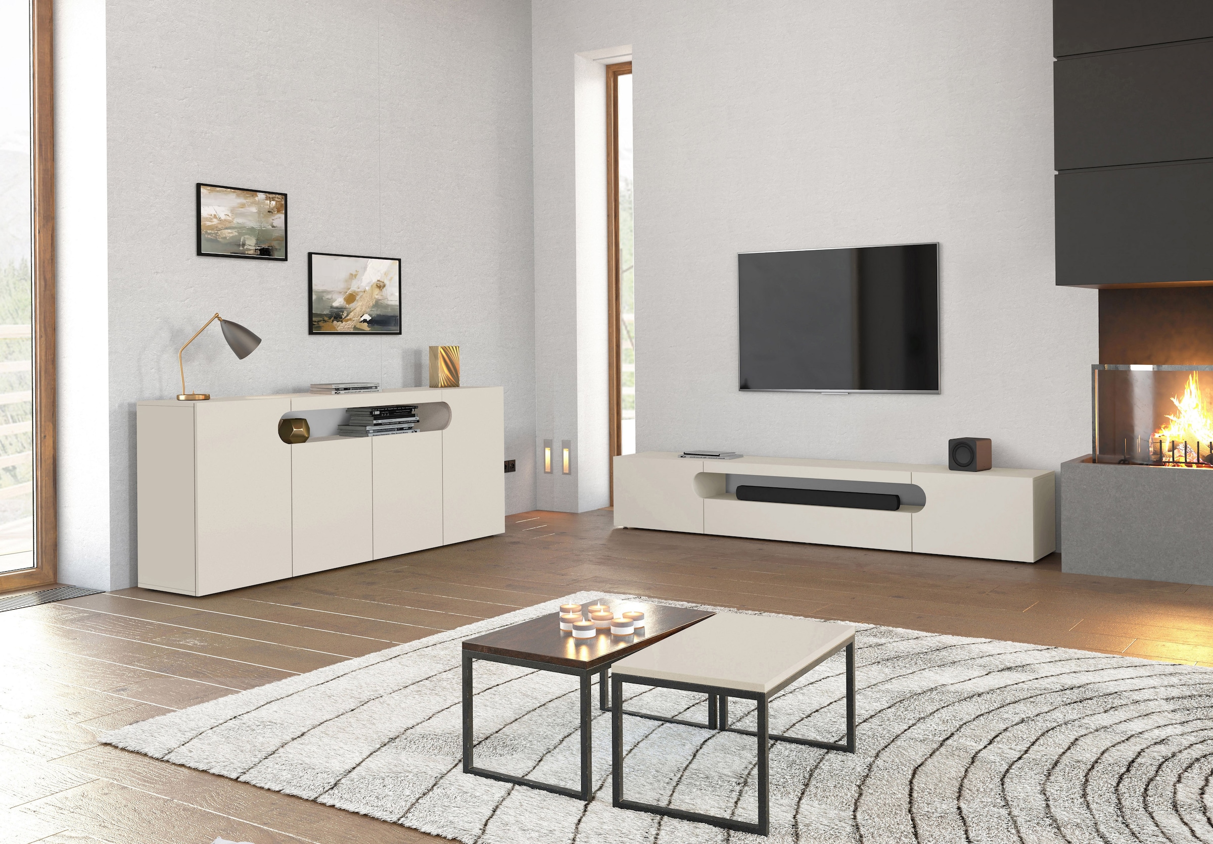 Home affaire Lowboard »REAL TV-Möbel, 240 cm breit, 40/60 cm hoch, Hochglanz oder matt« mit 2 abgerundeten Türen, 1 Klappe, die ein ovales offenes Fach bilden