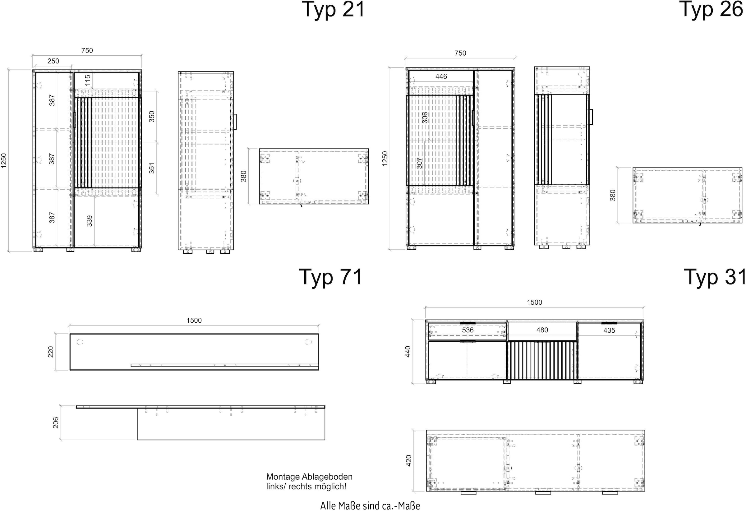 INOSIGN Wohnwand »HUDSON«, (Set, 4 St.), mit moderner Rillenoptik, Griffe aus Metall (Schwarz), Breite 320 cm