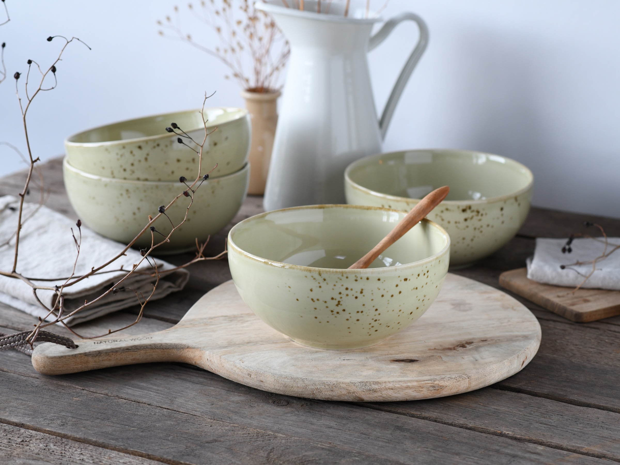 CreaTable Schale »Nature Collection, Buddha Bowl 4-tlg«, 4 tlg., aus Steinzeug, Handwerklicher Look, Vintage, Höhe 7,5 cm