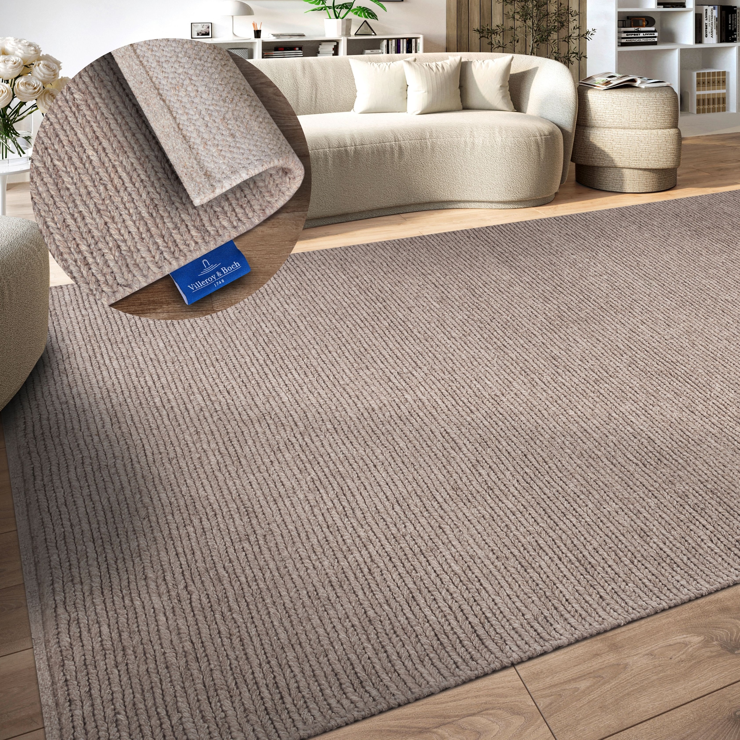 Wollteppich VILLEROY & BOCH "Francois", beige (linen), B:190cm H:7mm L:280cm, Wolle, Teppiche, in rund, oval, Läufer, handgewebt, Wolle, Wohnzimmer, Schlafzimmer