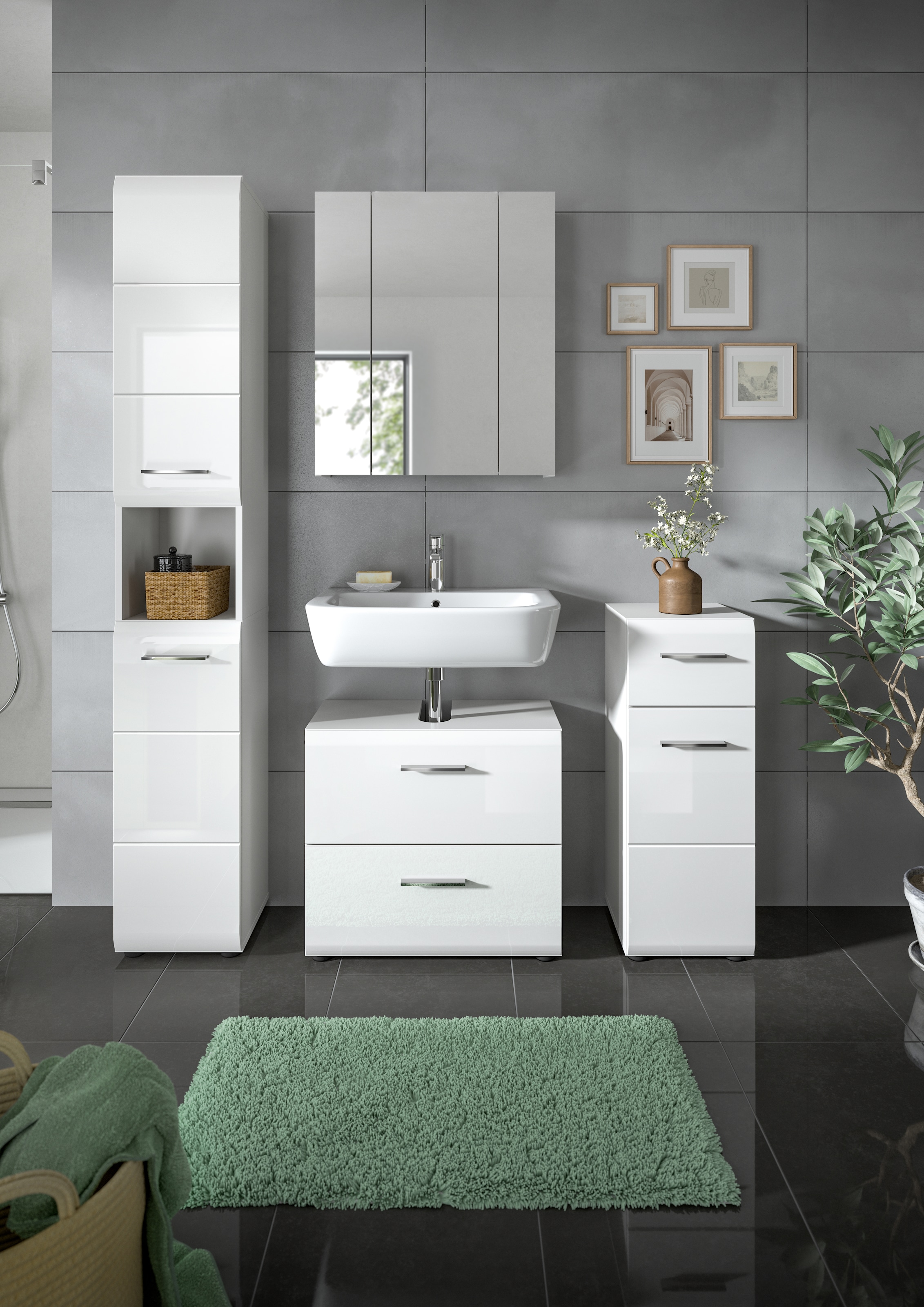 INOSIGN Badezimmer-Set, (Set, 4 St.), Florenz, Badkombination 4-tlg., Weiß hochglanz tiefzieh, Hochschrank