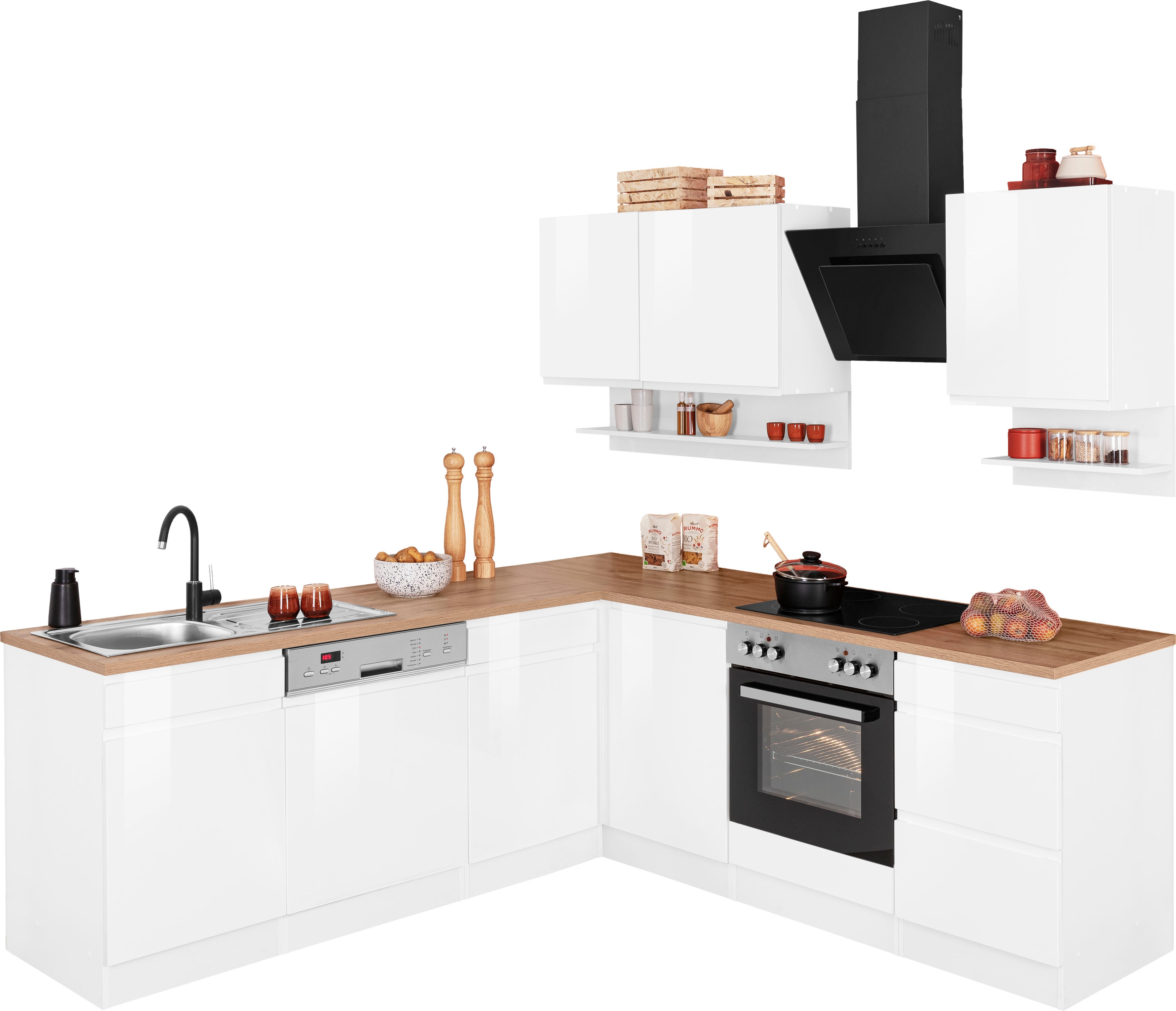 KOCHSTATION Winkelküche "KS-Virginia,neu in verbesserter Ausführung" Arbeitsplatte 38 mm stark, Stauraum, Softclose, Stellbreite 220/220 cm, Soft-Close,wahlweise mit E-Geräten