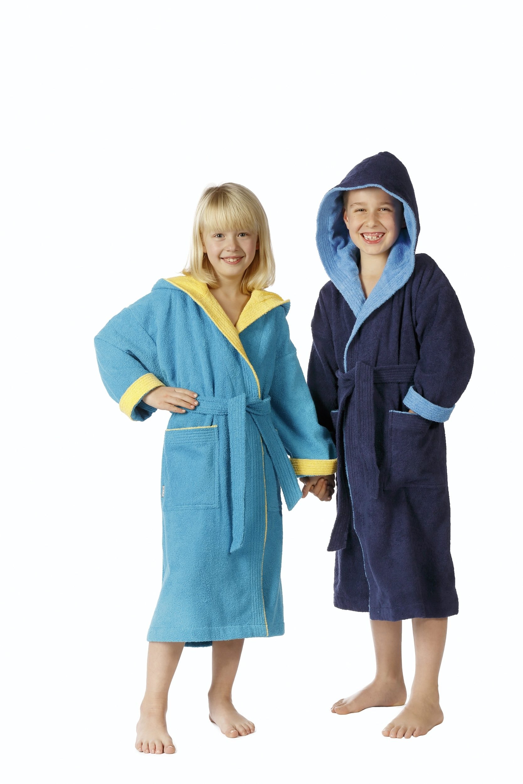 Kinderbademantel EGERIA, L:90cm, blau, Walkfrottee, Hausmäntel, "Calypso", mit Kapuze, Doubleface Optik, 100 % Baumwolle