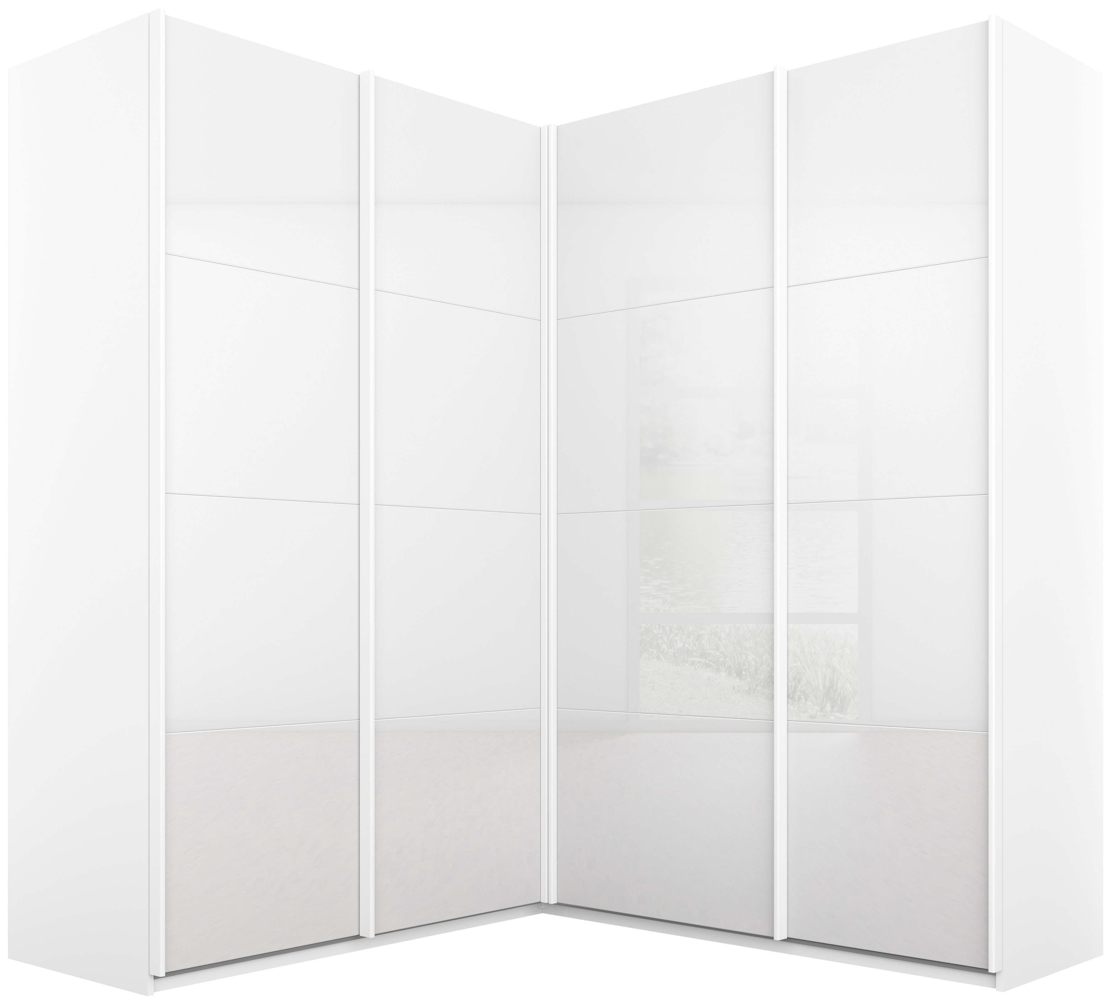 rauch Schwebetürenschrank "Schrank Garderobe Eckkleiderschrank QUADRA Front in Dekor/Hochglanz" in den Höhen 210/229 cm, inkl. Soft-Close-Funktion, großer Eckschrank mit viel Stauraum, Maß 181x187 cm MADE IN GERMANY