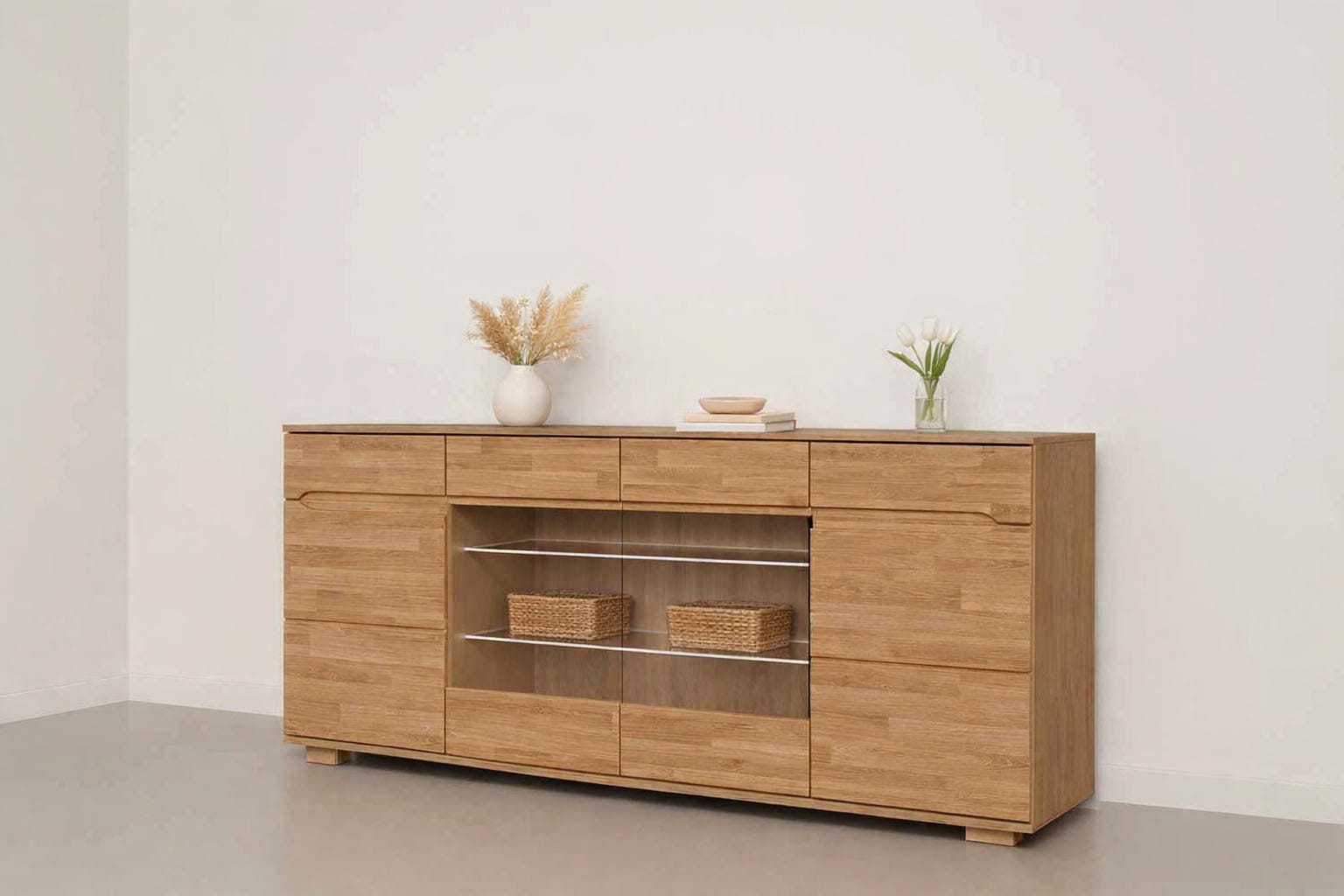 OTTO home Sideboard »VETRO Teilmassiv, Fronten Massivholz, Wohnzimmer, Stauraum,Griffmulde« B/T/H:199/40/85cm, 2 Schubladen,  7Fächer
