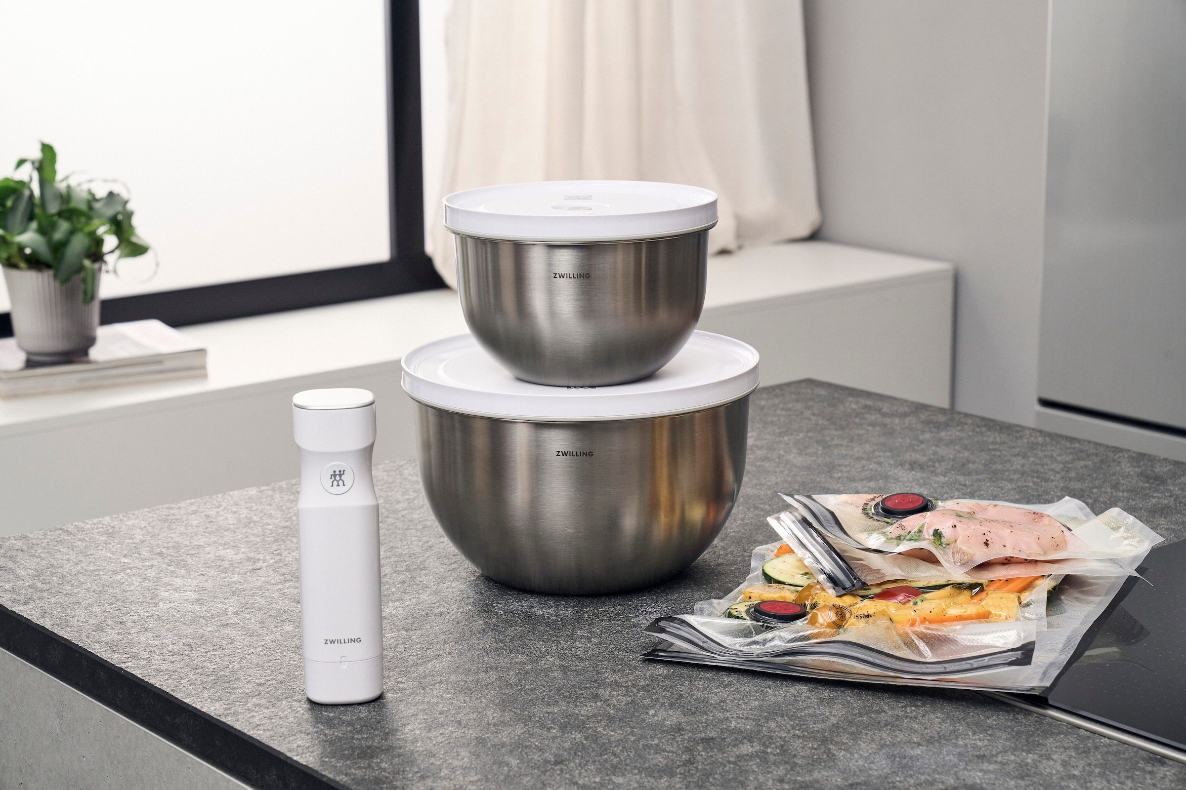 Zwilling Aufbewahrungssystem »Fresh & Save BOWLS«, (Set, 9 tlg., 1 Pumpe, 1 Schüssel + Deckel (M/18 cm), (L/24 cm), 1 Beutel S + M), Vakuum Starter Set, Edelstahl / M/L, 9-tlg.