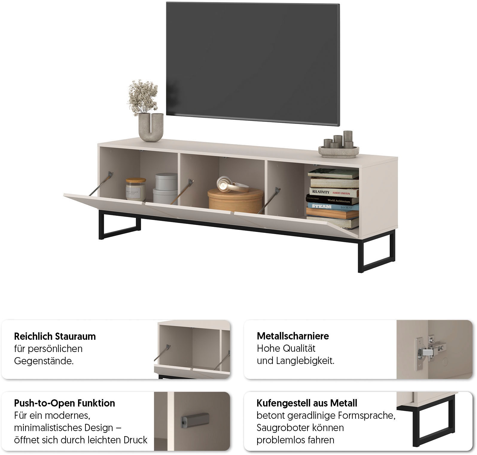 OTTO home Lowboard »Loft, Breite 157 cm, TV-Board 3 Klappen, Metallkufen« TV-Kommode mit viel Stauraum, push-to-open-Funktion