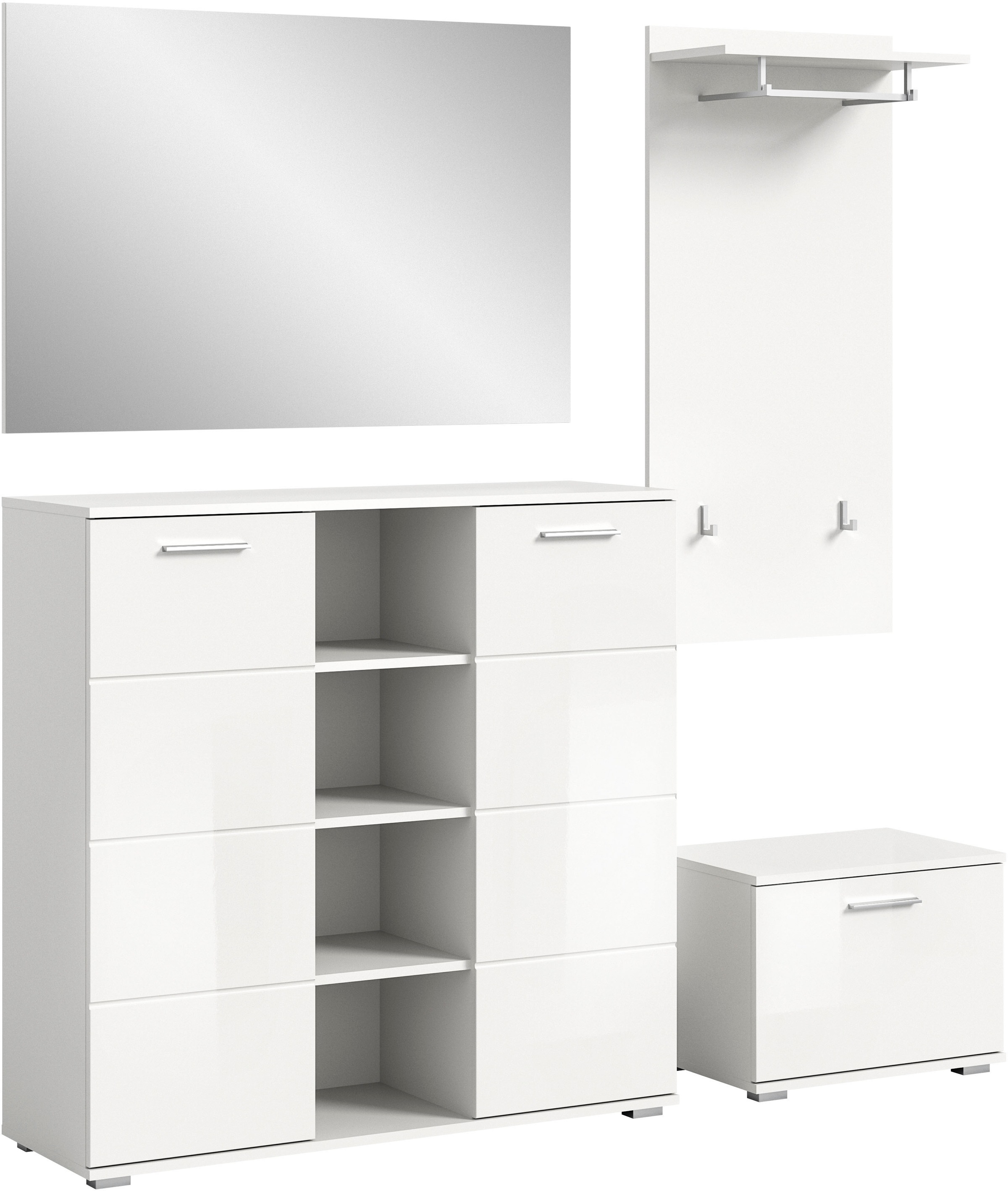 INOSIGN Garderoben-Set »Valge, Breite 165 cm, 4-teiliges Set, bestehend aus:«, (4 St.), Highboard, Garderobenspiegel, Sitzbank und Garderobenpaneel