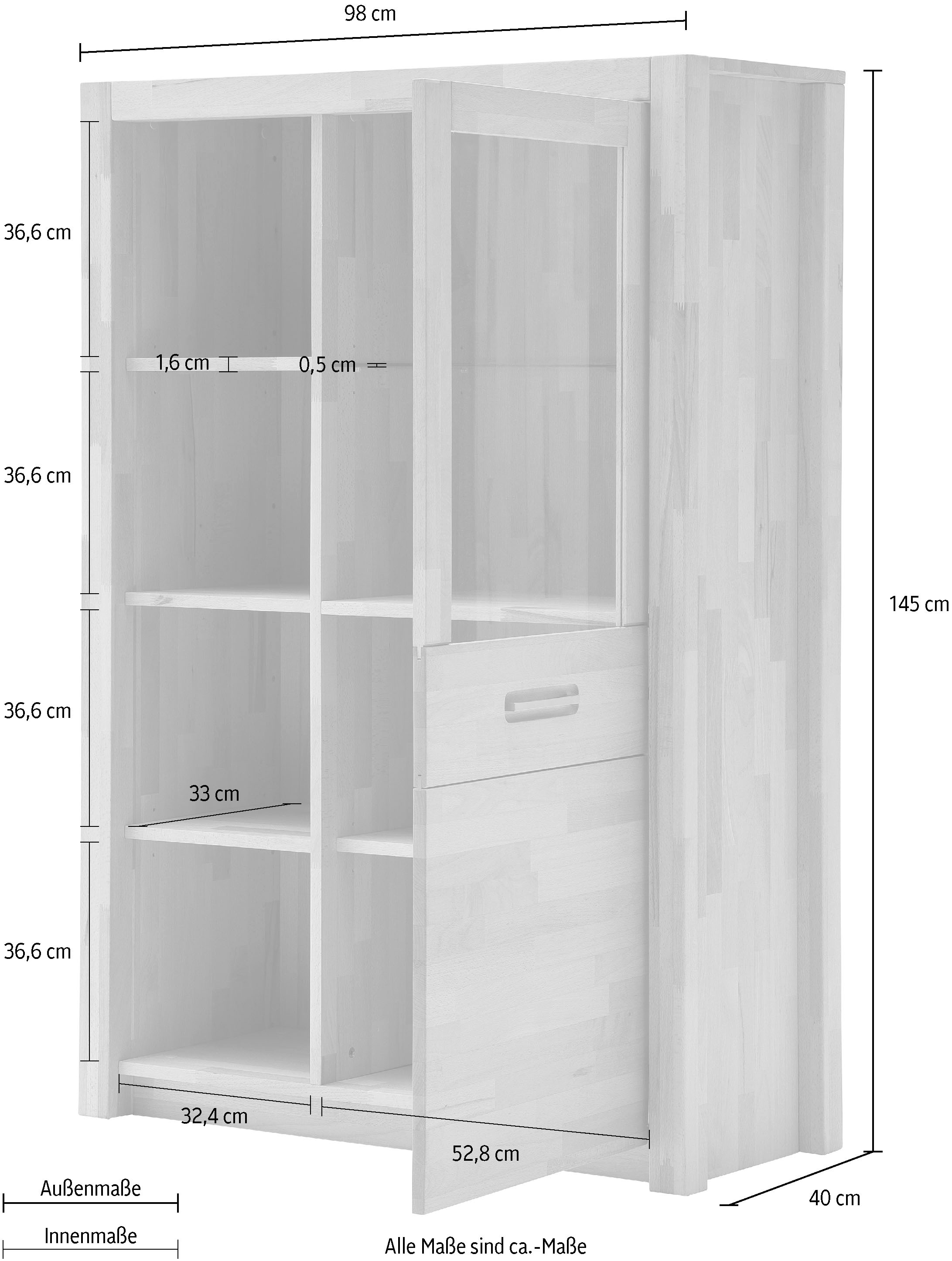 MCA living Vitrine »Fenja Kombivitrine, Glasvitrine, Standvitrine«, (Set, 1 St., 1 Stück), Massivholz, 1 Holz- Glastür, 4 offene Fächer, Made in Europe