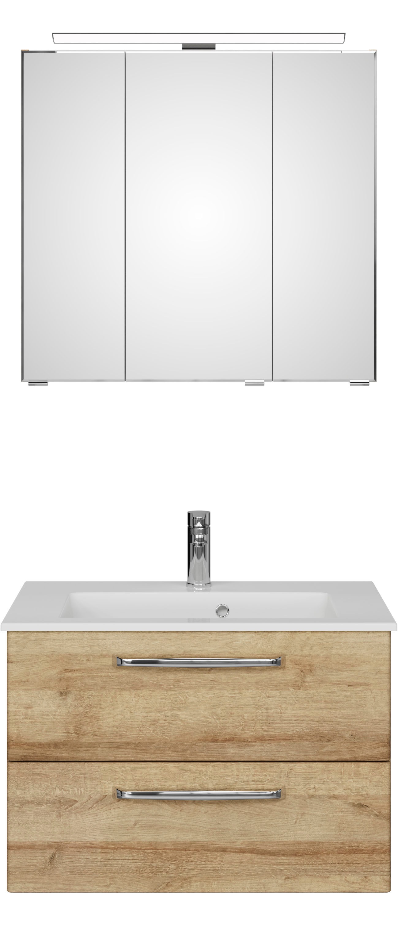 Saphir Badmöbel-Set »Trentino 2-tlg Mineralmarmor-Waschtisch,Spiegelschrank mit LED-Leuchte«, (3 St.), Badmöbel-Set 77cm breit, inkl. Türdämpfer, 3 Türen, 2 Auszügen