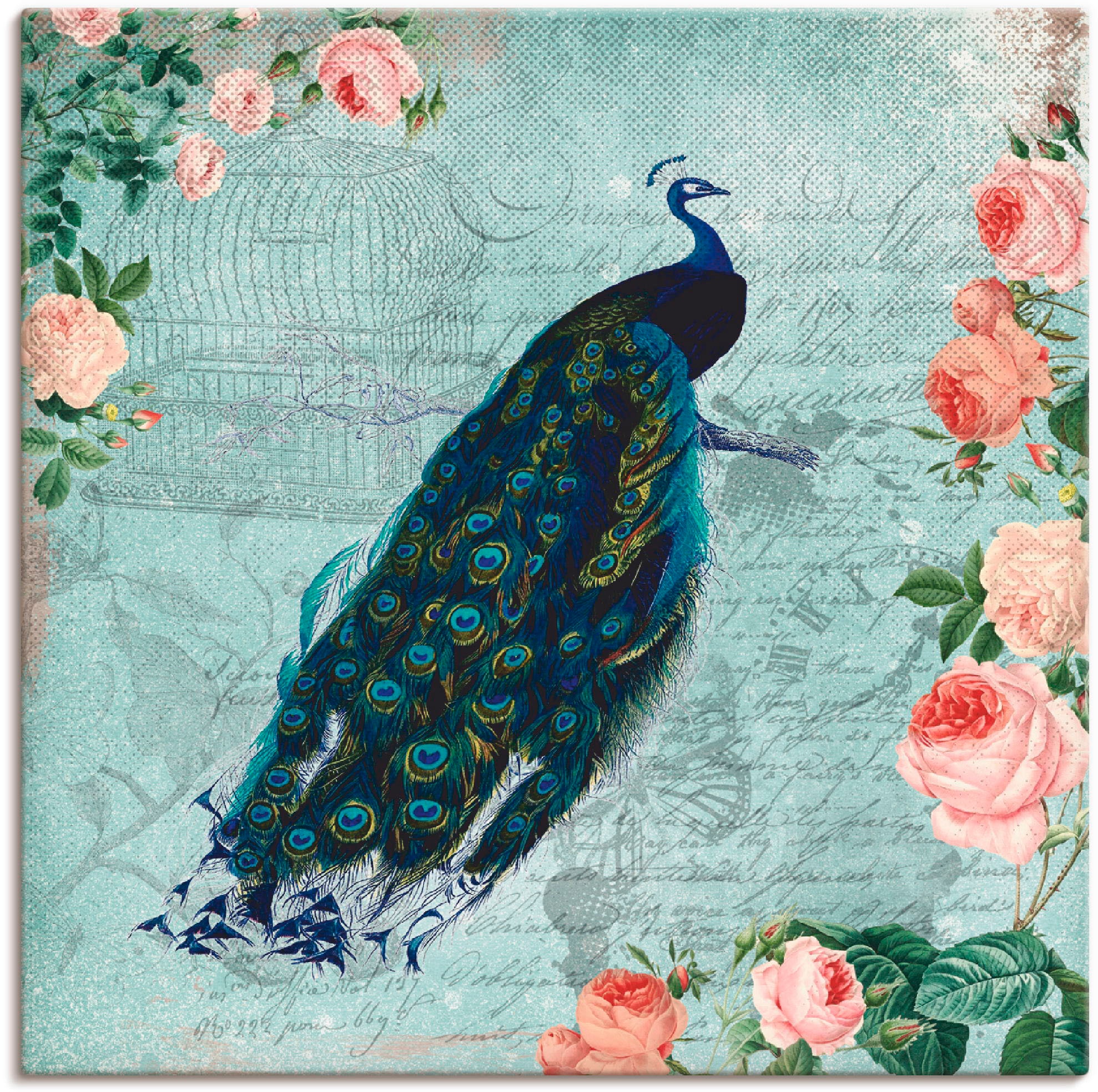 Artland Leinwandbild "Vintage Rosen und Pfau Illustration" Vögel 1 Stk. tlg. auf Holzrahmen gespannt