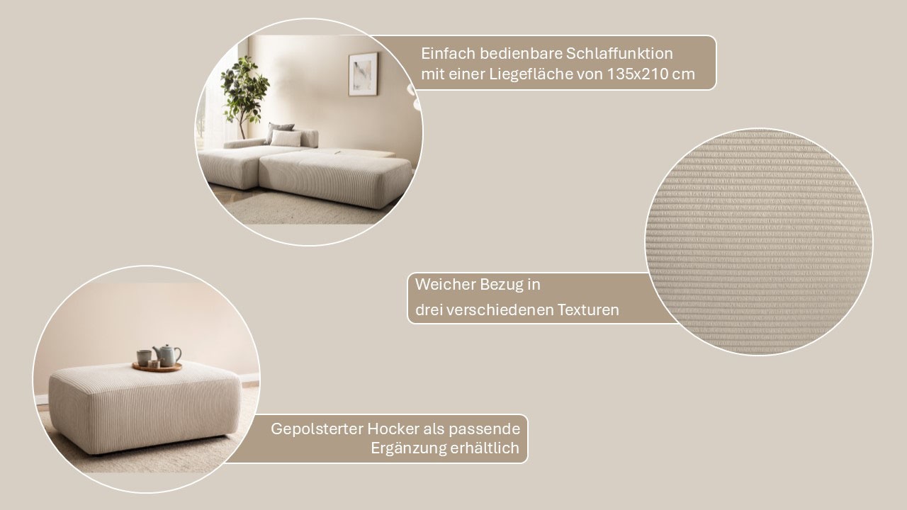 INOSIGN Ecksofa »TORGE, Schlafsofa Cord, Samtvelours u. Strukur fein, Couch in L-Form«, Schlaffunktion und Bettkasten, Liegefläche: 210x125 cm, neues Design