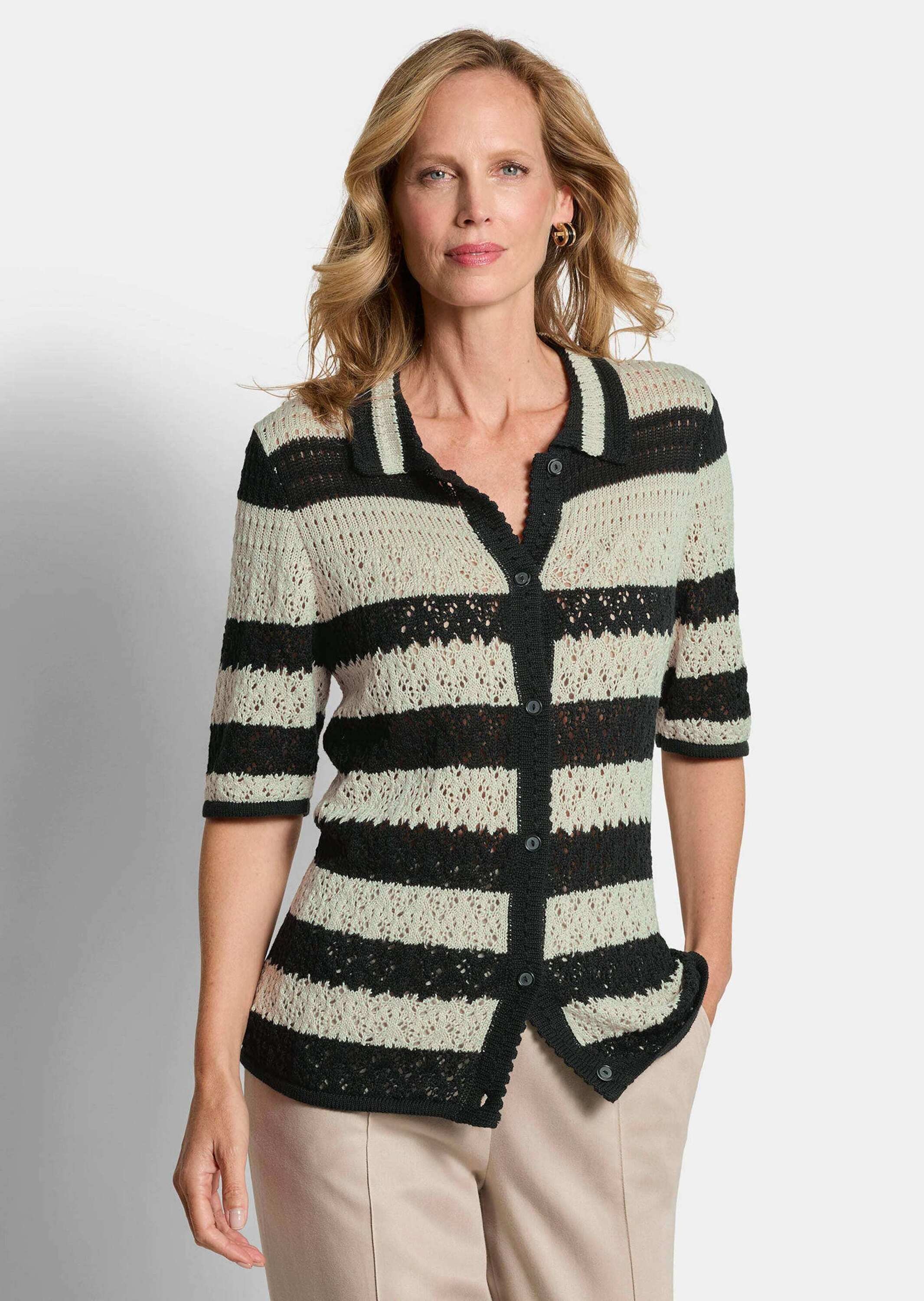 Strickjacke GOLDNER "Ajourjacke in maritimen Look", Damen, Gr. 54, schwarz (stein, schwarz, gemustert), Obermaterial: 50% Baumwolle CO. 50% Polyacryl PAN., Strickjacken Strickjacke, Ajourstrick mit Ringel 2