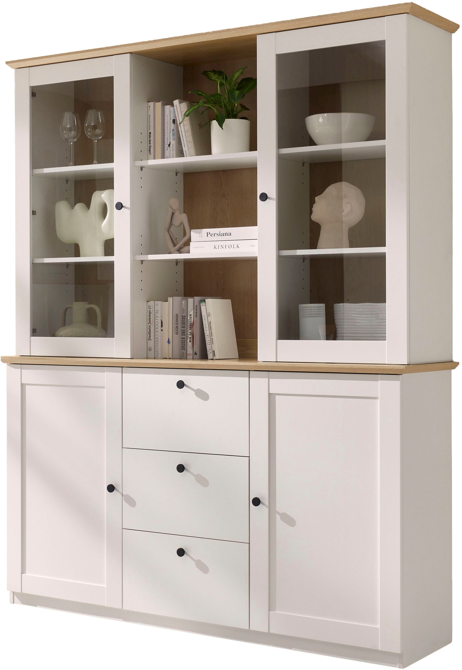 OTTO home Buffet »Brest, Hochschrank im Landhausstil, Schrank, Küchenschrank« schwarze Metallgriffe, viel Stauraum, Glastüren, 164 cm breit