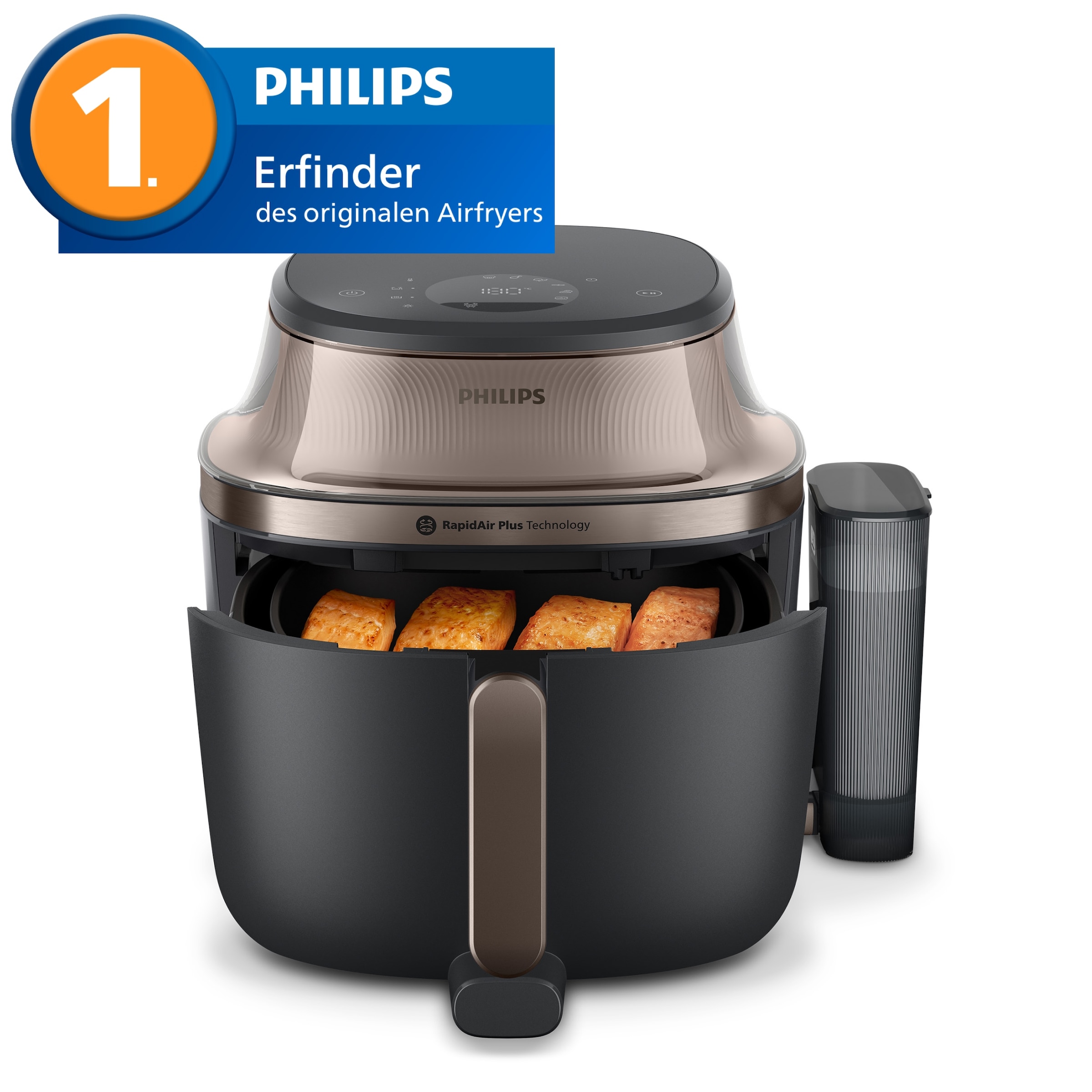 Philips Heißluftfritteuse »NA547/07 Steam Airfryer 5000 Series mit EasySlide, 7,2L Kapazität« 2000 W mit Dampfgarfunktion u. RapidAir Plus Technologie; Schwarz/Gold