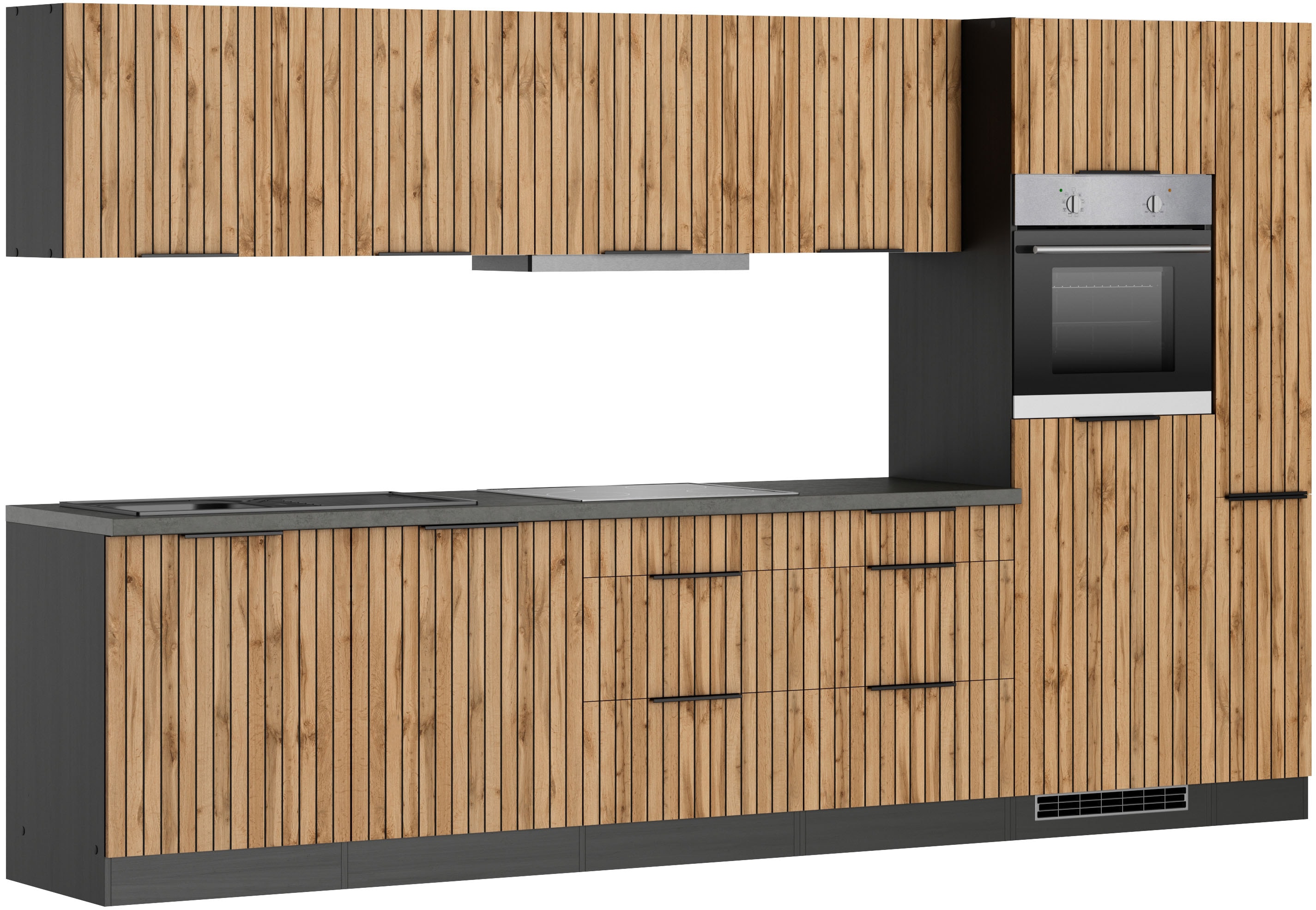 KOCHSTATION Küchenzeile "KS-Lagos, wahlweise mit E-Geräten, Spüle edelstahl oder schwarz" Breite 330cm, GK-oder Induktionskochfeld,mit oder ohne Kühlschrank