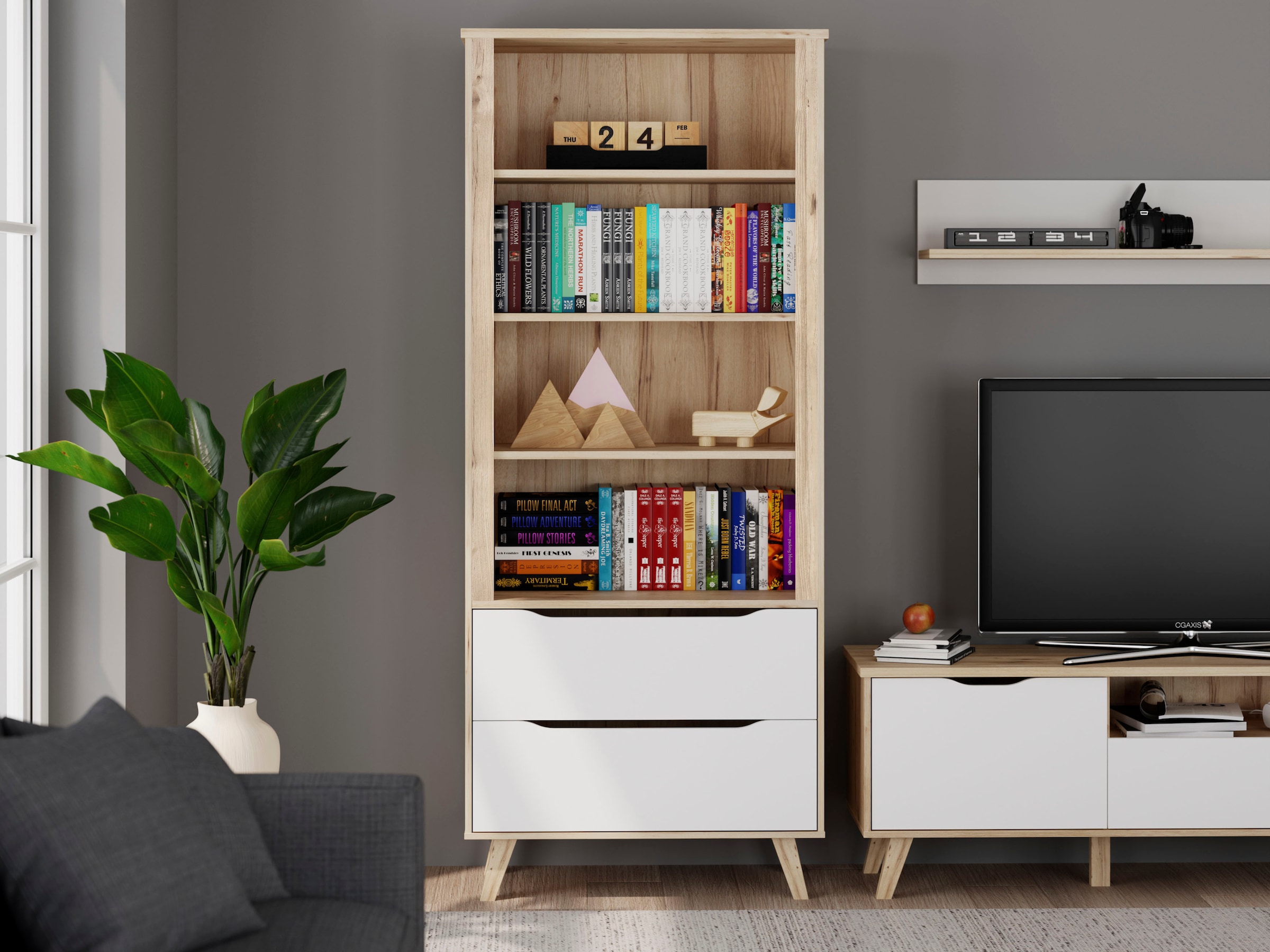 FORTE Wandregal »Vankka Regal 2 Schubkästen« B/H/T 84,7/201,5/41,7 cm,  Regal, Holzfüße, Einlegeböden variabel , 2 Schubkästen