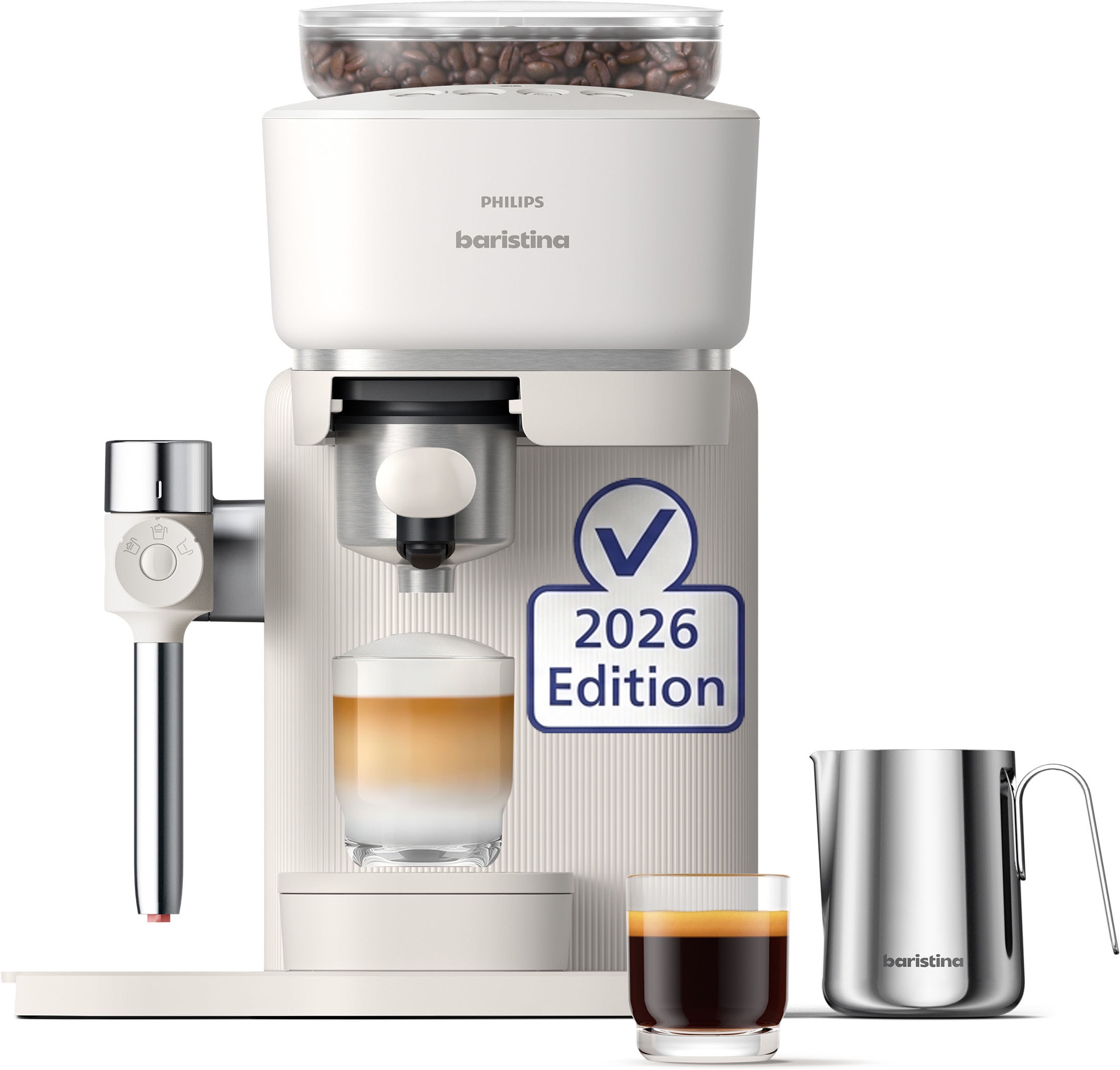 PHILIPS baristina Espressomaschine "Latte BAR400/00 mit Mahlwerk für ganze Bohnen und Milchschaumdüse" 3 Schaumarten, 16 bar Pumpendruck, Naturweiß/Weiß