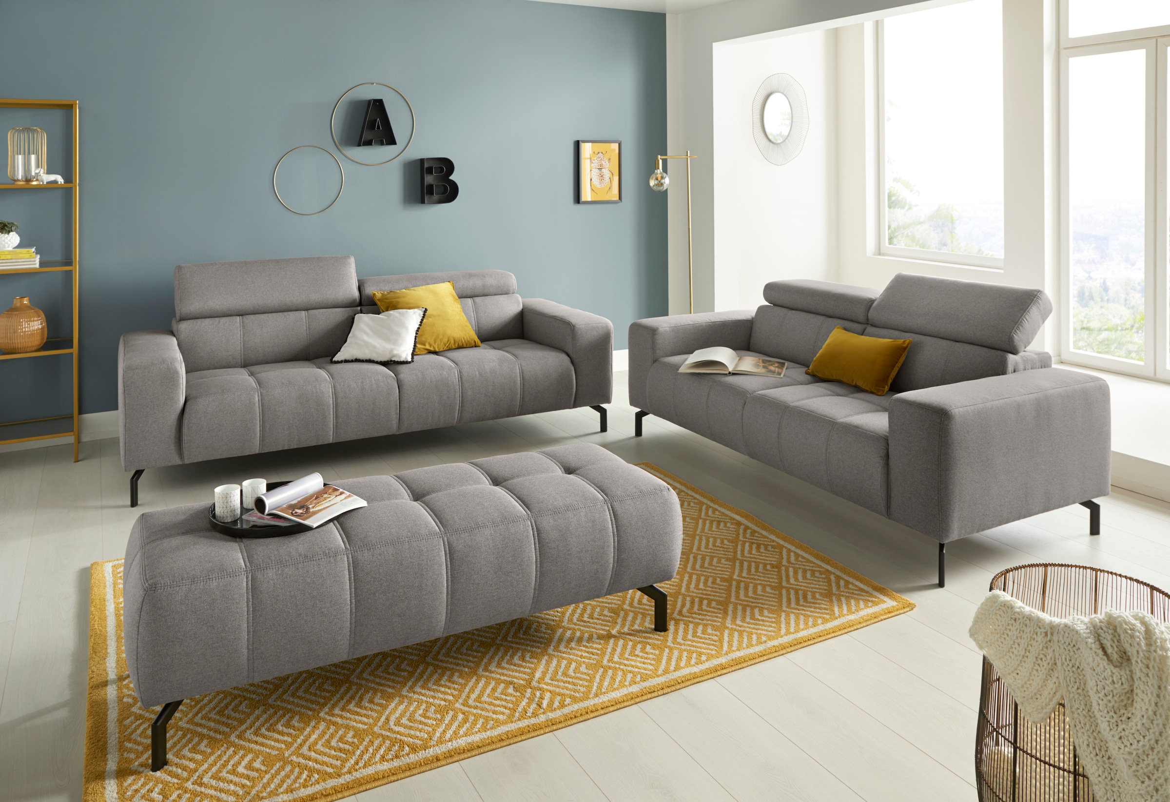 DOMO collection 2,5-Sitzer »Cunelli zeitlos und elegant, moderne Sitznähte als Designelement,«, wahlweise mit 6-fach verstellbaren Kopfteilen, fester Sitzkomfort