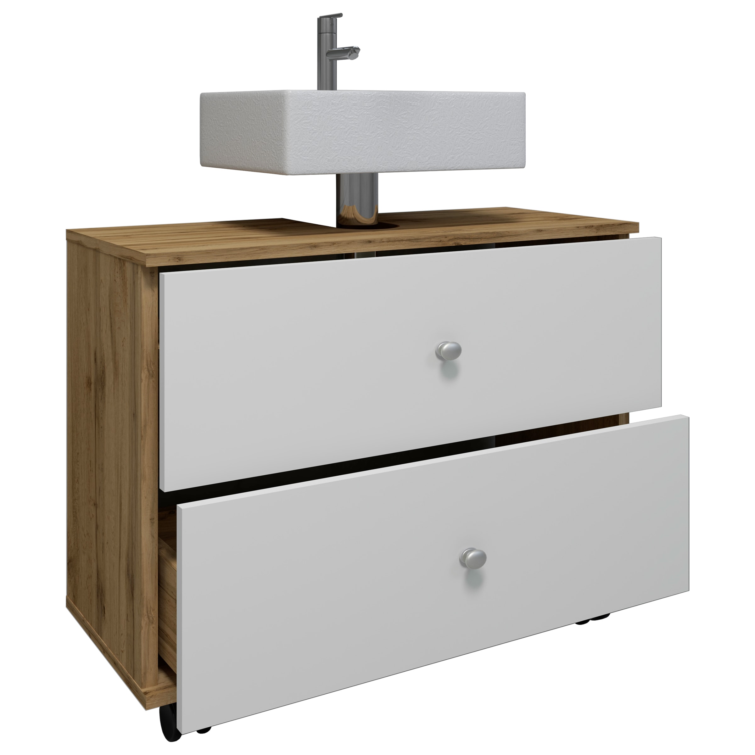 VCM Waschbeckenunterschrank »VCM Holz Waschbeckenunterschrank | Badschrank | Maße: H. 61 x B. 60 x T. 33 cm | 2 große Schubladen | 4 Rollen - Nilosi L«, (1 St.)