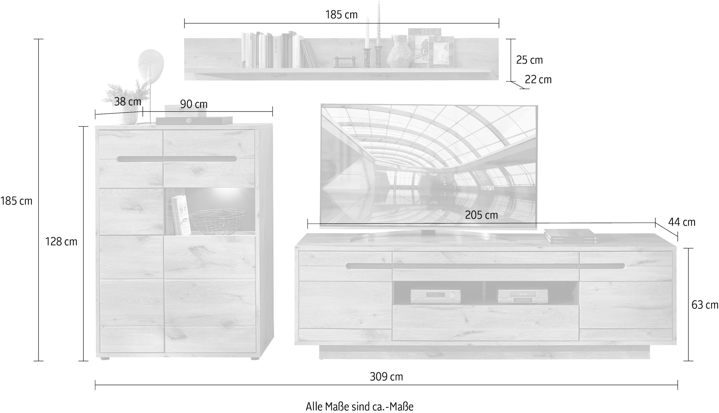 Innostyle Wohnwand »BELLANO«, (Komplett-Set, 3 St.), inkl. LED-Beleuchtung