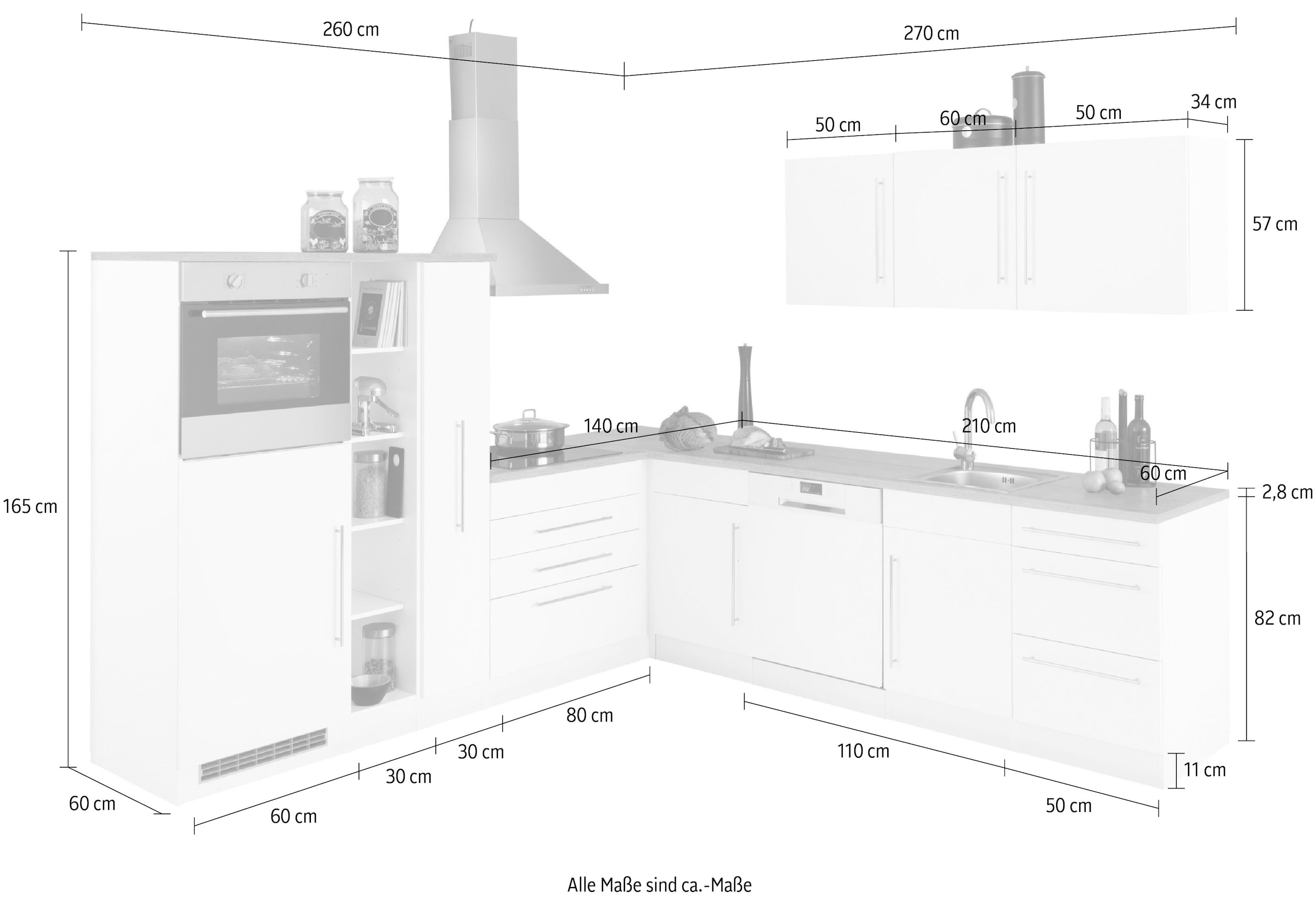 KOCHSTATION Winkelküche »KS-Samos«, mit E-Geräten, Stellbreite 260 x 270 cm mit Stangengriffen aus Metall
