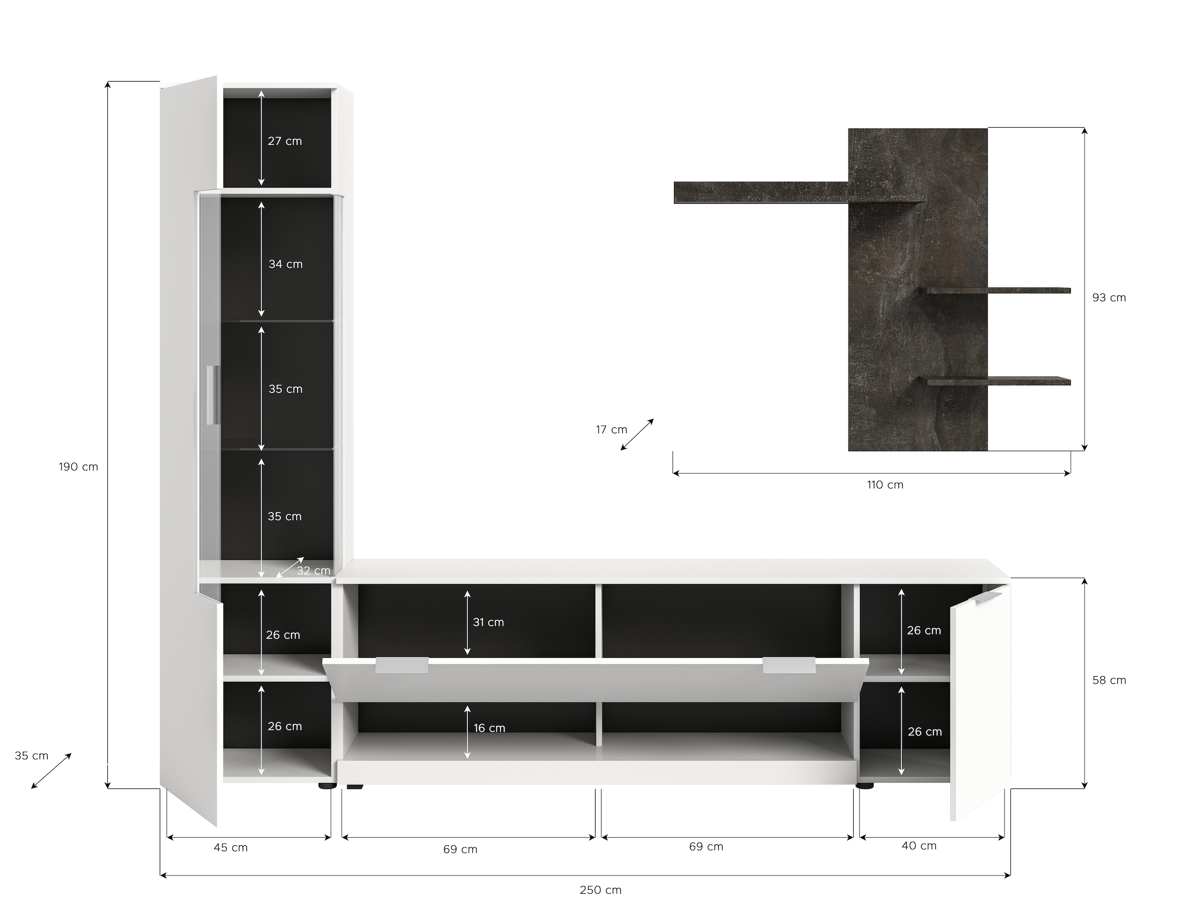 INOSIGN Wohnwand »Porto, Breite 250cm, in Weiß/Beton Nachbildung«, (3 St.), TV-Wand, Mediawand, Lowboard, Vitrine, Wandboard