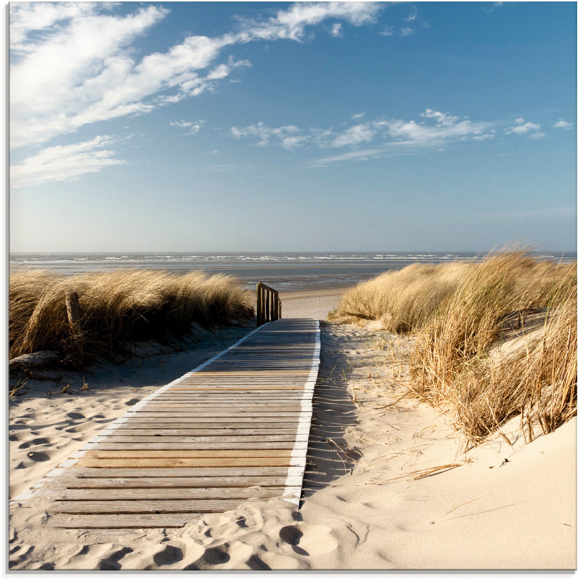 Glasbild ARTLAND "Nordseestrand auf Langeoog - Steg", beige (farbe bild(er): naturfarben), B:40cm H:40cm, Bilder, in verschiedenen Größen