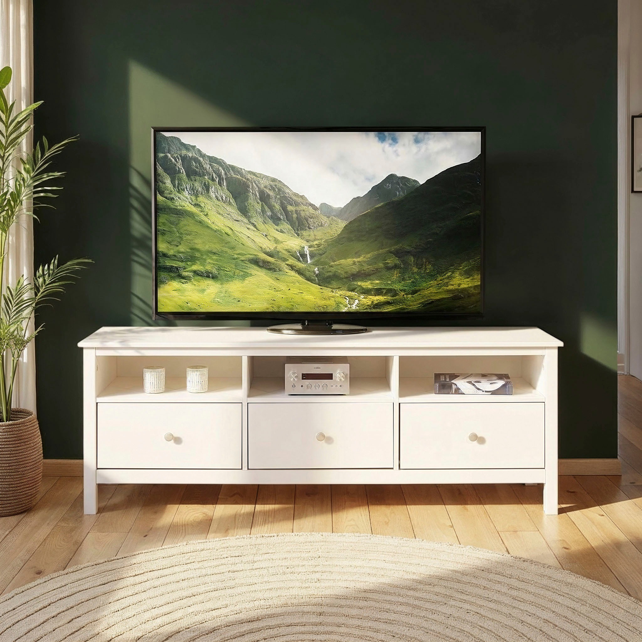 Inter Link TV-Board »Pinora, Kiefer Massivholz, Weiss, 160 x 45 x 57 cm, viel Stauraum« 1 Stk. tlg. TV Lowboard im modernem Skandi Look, 3 Schubladen, Kabeldurchführung
