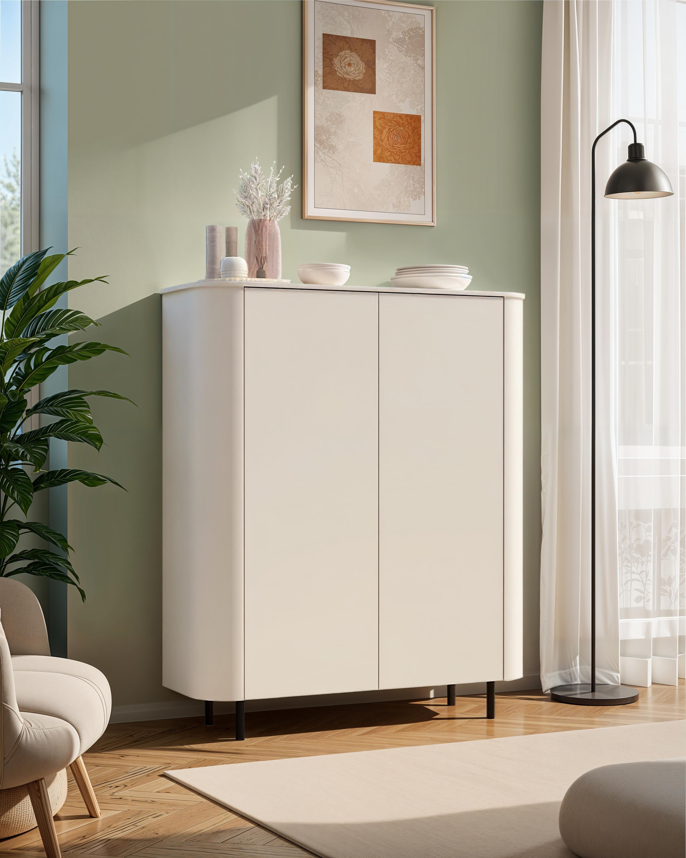 INOSIGN Highboard »Lido, B/H 131/154 cm, 2 Türen, Stauraumschrank, Hochkommode« Formgebogenes MDF, Stirnseiten mit Rundung, Push-to-open, Metallfüße