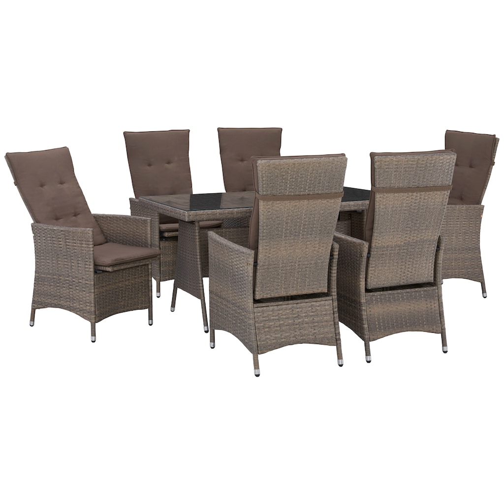 MERXX Garten-Essgruppe »Valencia«, (6x verstellbare Relaxsessel, 1x Tisch 150x80 cm, inkl. Auflagen), Aluminium, Polyrattan, geeignet für 6 Personen