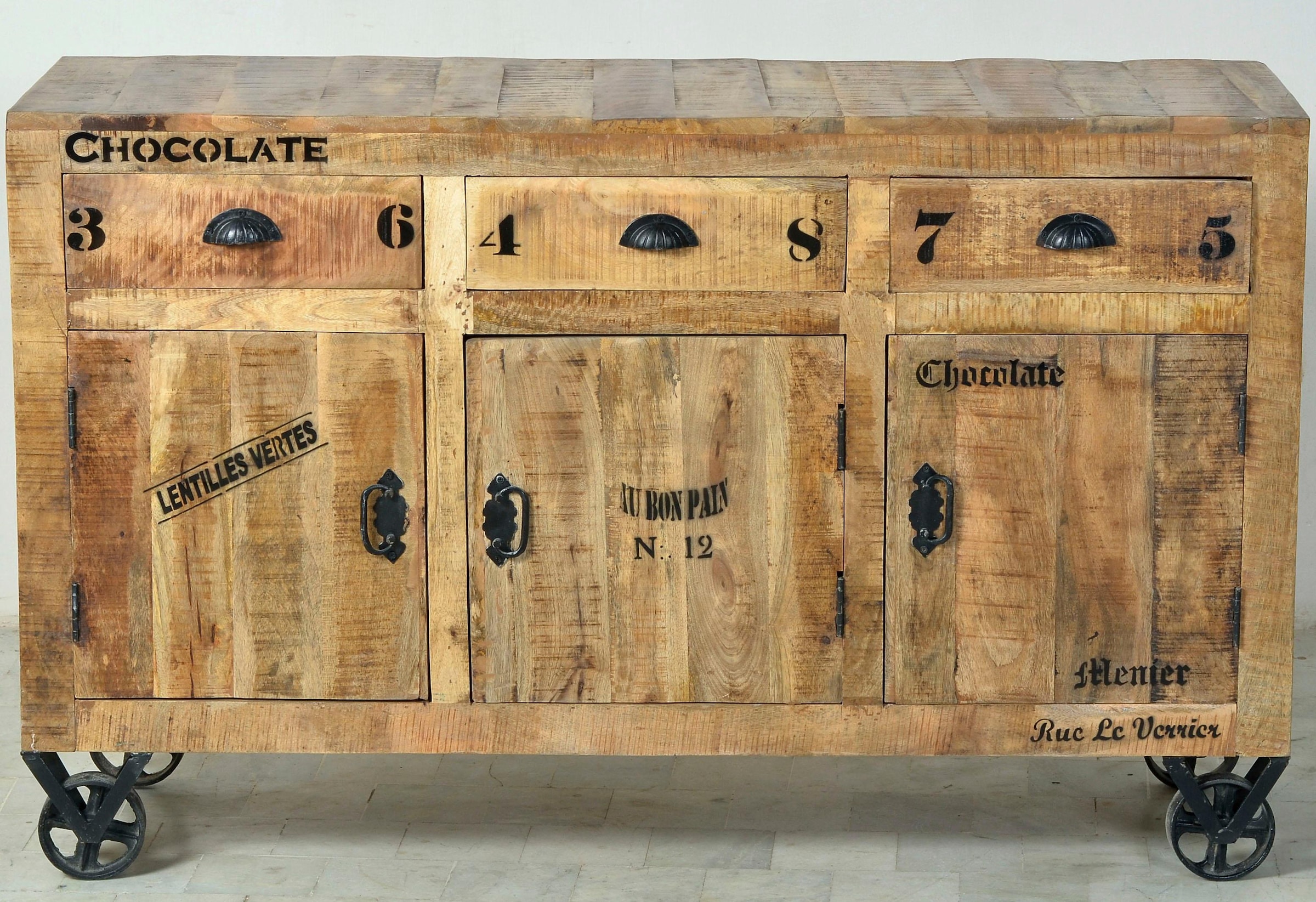 SIT Sideboard "Newquay aus Mangoholz mit Türen & Schubladen" Mobil auf Metallrollen im authentischen Factory-Design
