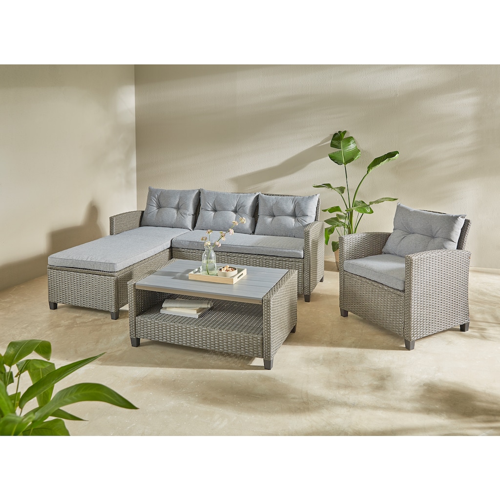 KONIFERA Gartenlounge-Set »Cordoba«, (Set, 11 tlg., 2x Bank, 1x Sessel, 1x Tisch 90x55x43cm, inkl. Auflagen)