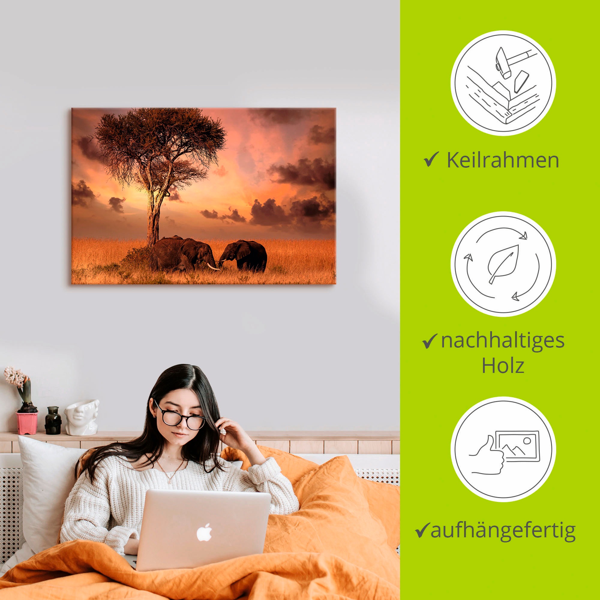 Artland Wandbild »Elefanten zum Abendessen«, Wildtiere, (1 St.), als Leinwandbild, Wandaufkleber in verschied. Größen