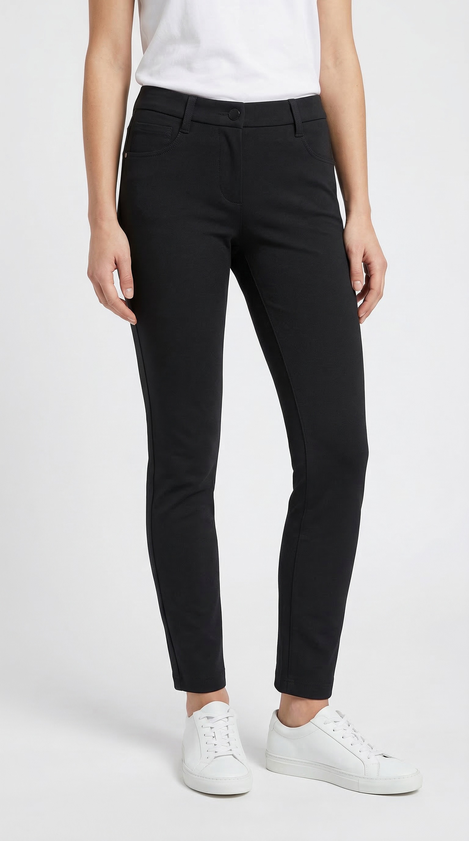 Stoffhose MAC "SLIM", Damen, Gr. 38, Länge 32, schwarz, Jersey, Obermaterial: 63% Viskose, 33% Polyamid, 4% Elasthan, unifarben, slim fit knöchellang, Hosen Stoffhose, Sommerhose im Five-Pocket Style