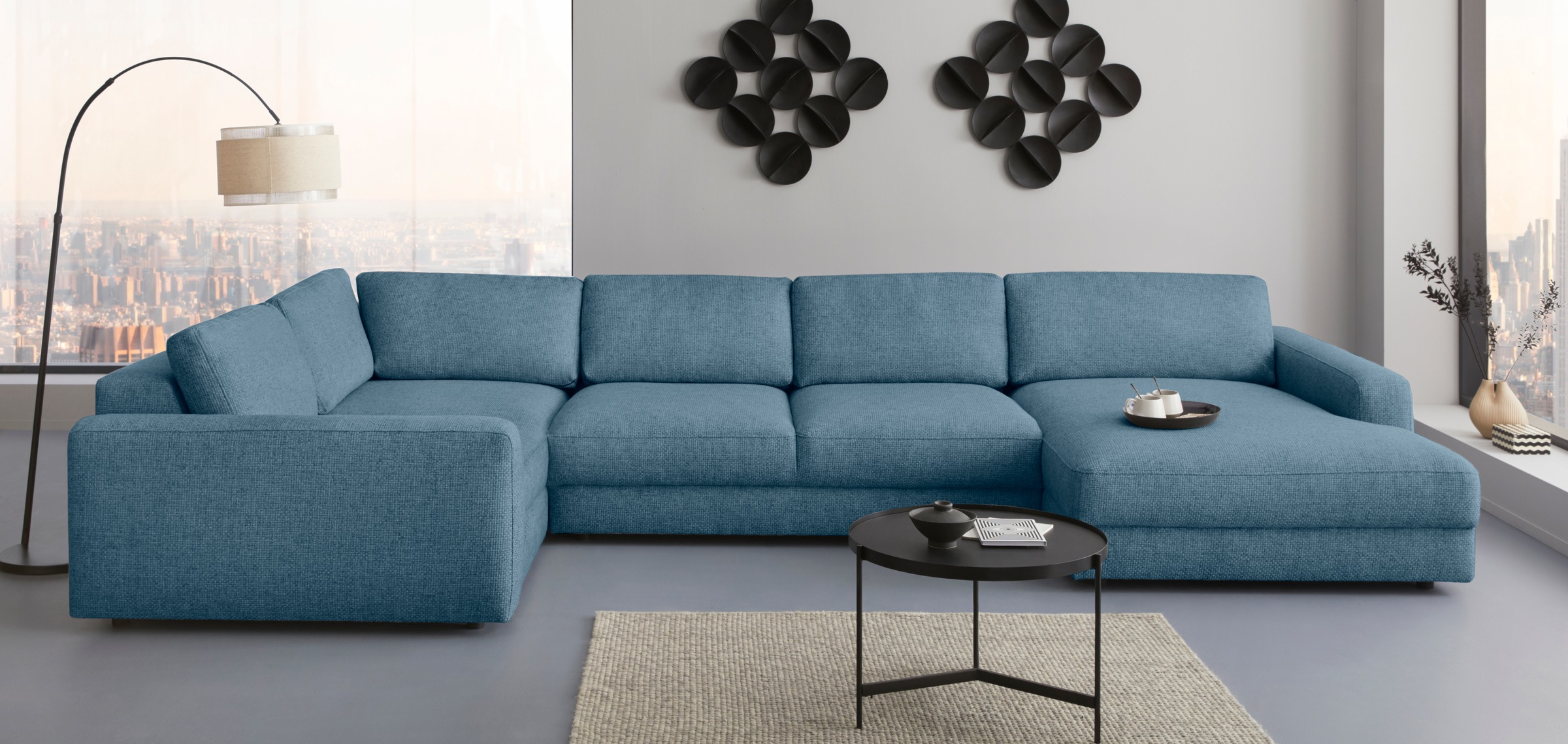 Wohnlandschaft HOME AFFAIRE "Bloomfield, Mega Polsterprogramm, Breite 405cm, viel Platz, U-Form", blau (tepestry), B:405cm H:84cm T:224cm, 100% Polyester, Sofas, Wohnlandschaft, mit extra tiefer Sitzfläche, wahlweise mit Sitztiefenverstellung 10
