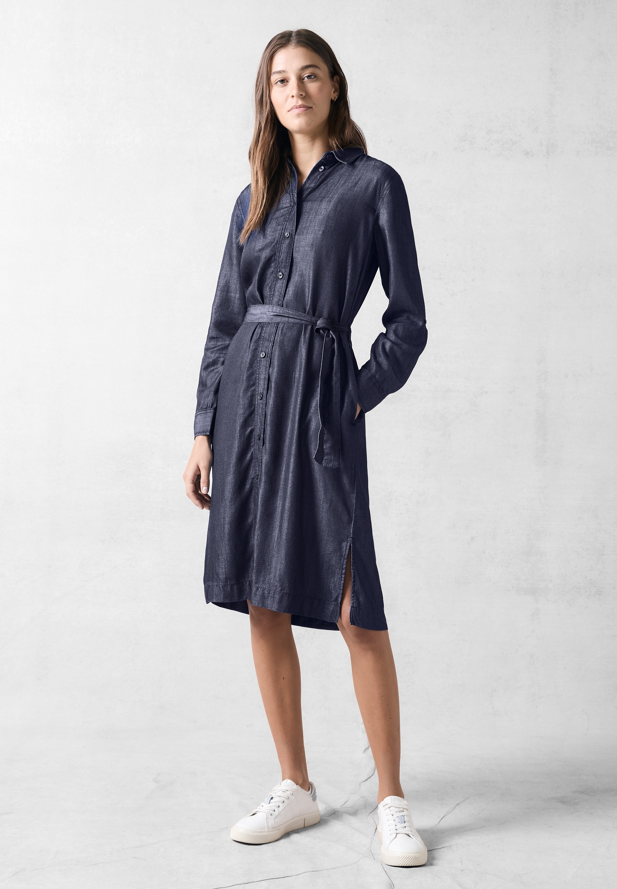 Midikleid CECIL, Damen, Gr. L (42), US-Größen, blau (dunkelblau wash), Stoff, 100% Lyocell, unifarben, normal wadenlang, V-Ausschnitt, Bündchen, Kleider Midikleid, mit Bindegürtel zum Taillieren