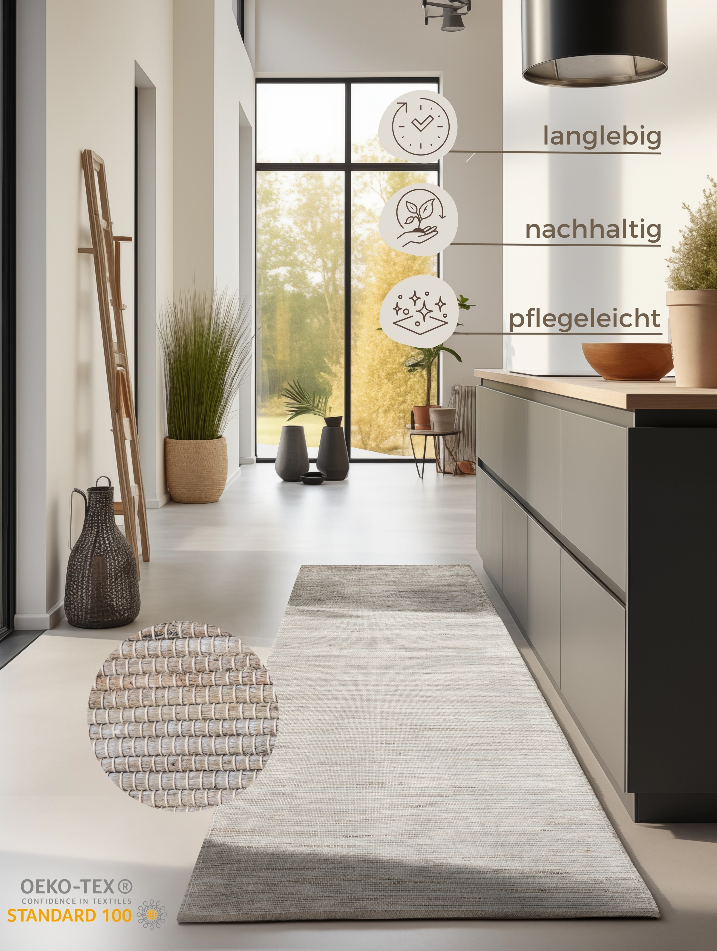 HANSE Home Teppich »Dhaka Juteteppich«, rechteckig, 5 mm Höhe, Läufer, handgewebt, Jute, Wolle, Natur, Wohnzimmer, Flur, Klassisch